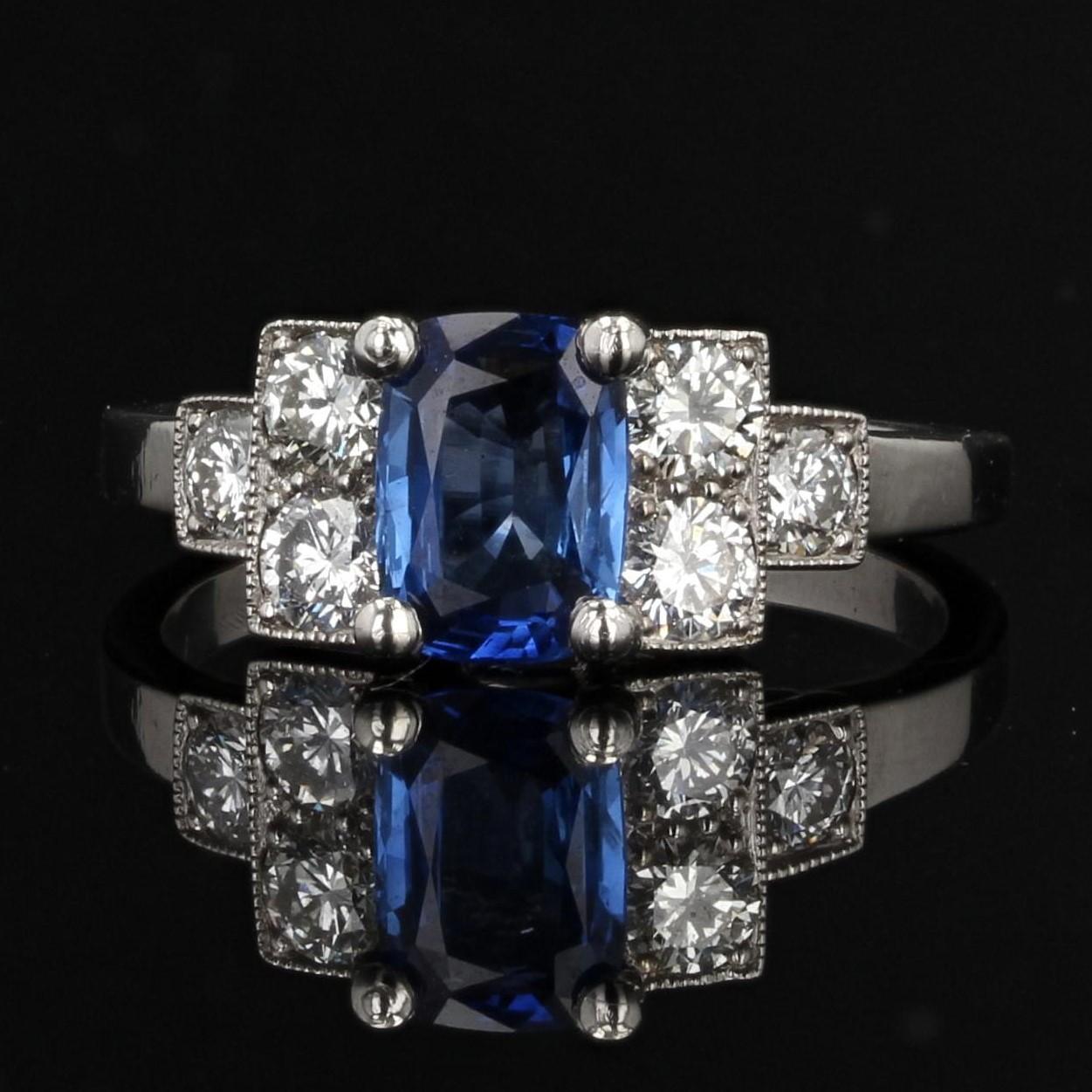 Cushion Cut French Modern 2, 03 Carat Sapphire Diamonds Art Deco Style Ring For Sale