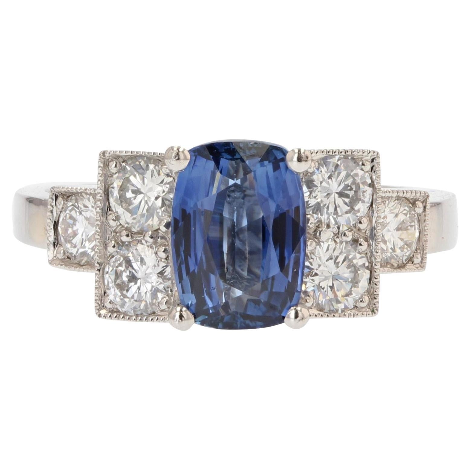 French Modern 2, 03 Carat Sapphire Diamonds Art Deco Style Ring For Sale