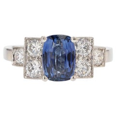 French Modern 2,03 Carat Sapphire Diamonds Art Deco Style Ring