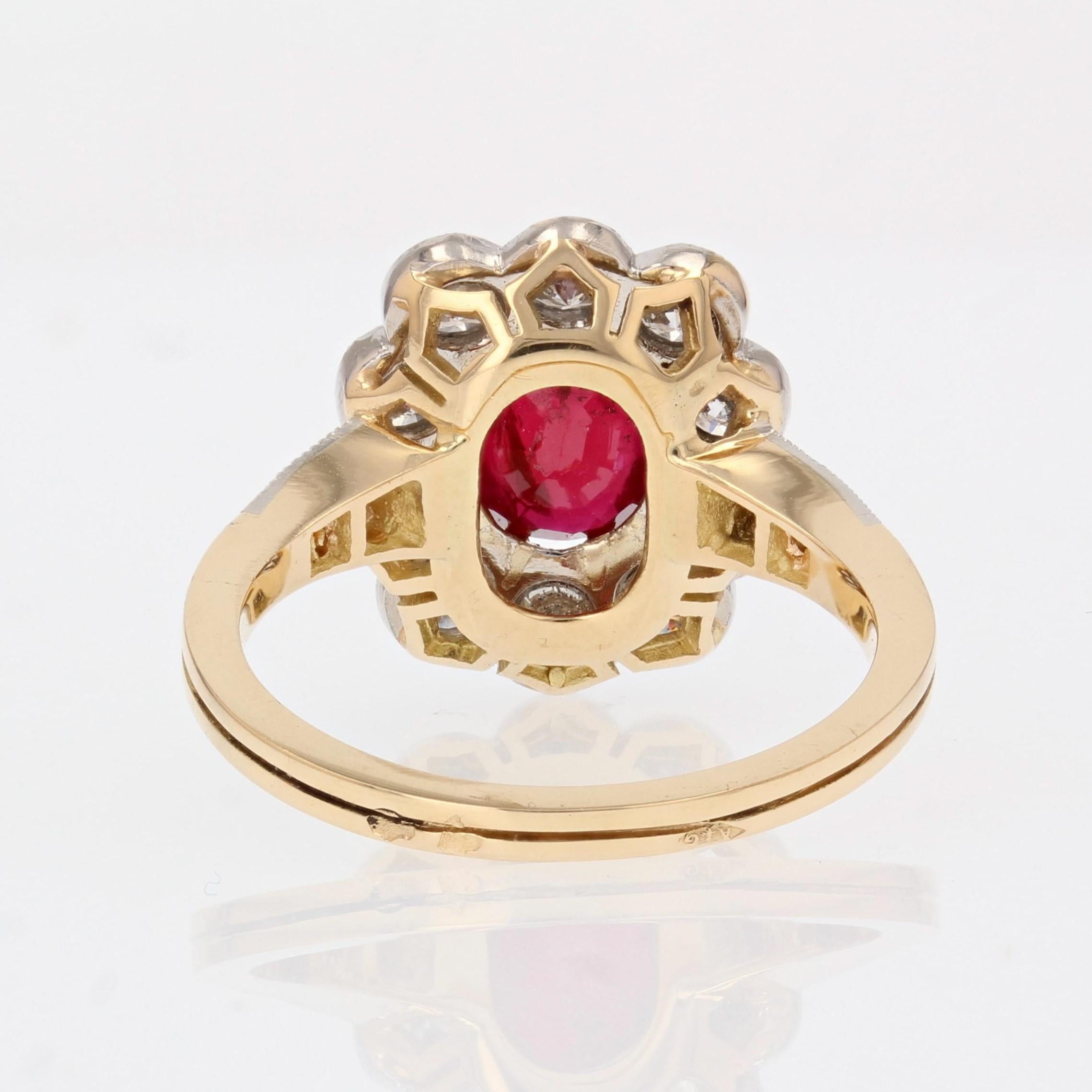 French Modern 2, 04 Carat Ruby Diamonds 18 Karat Yellow Gold Daisy Cluster Ring For Sale 4