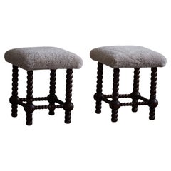 French Modern, A Pair of Bobbin Turned Stools, Oak & Lambswool, Mid-20th Century