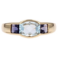 French Modern Aquamarine Amethyst 18 Karat Yellow Gold Bangle Ring