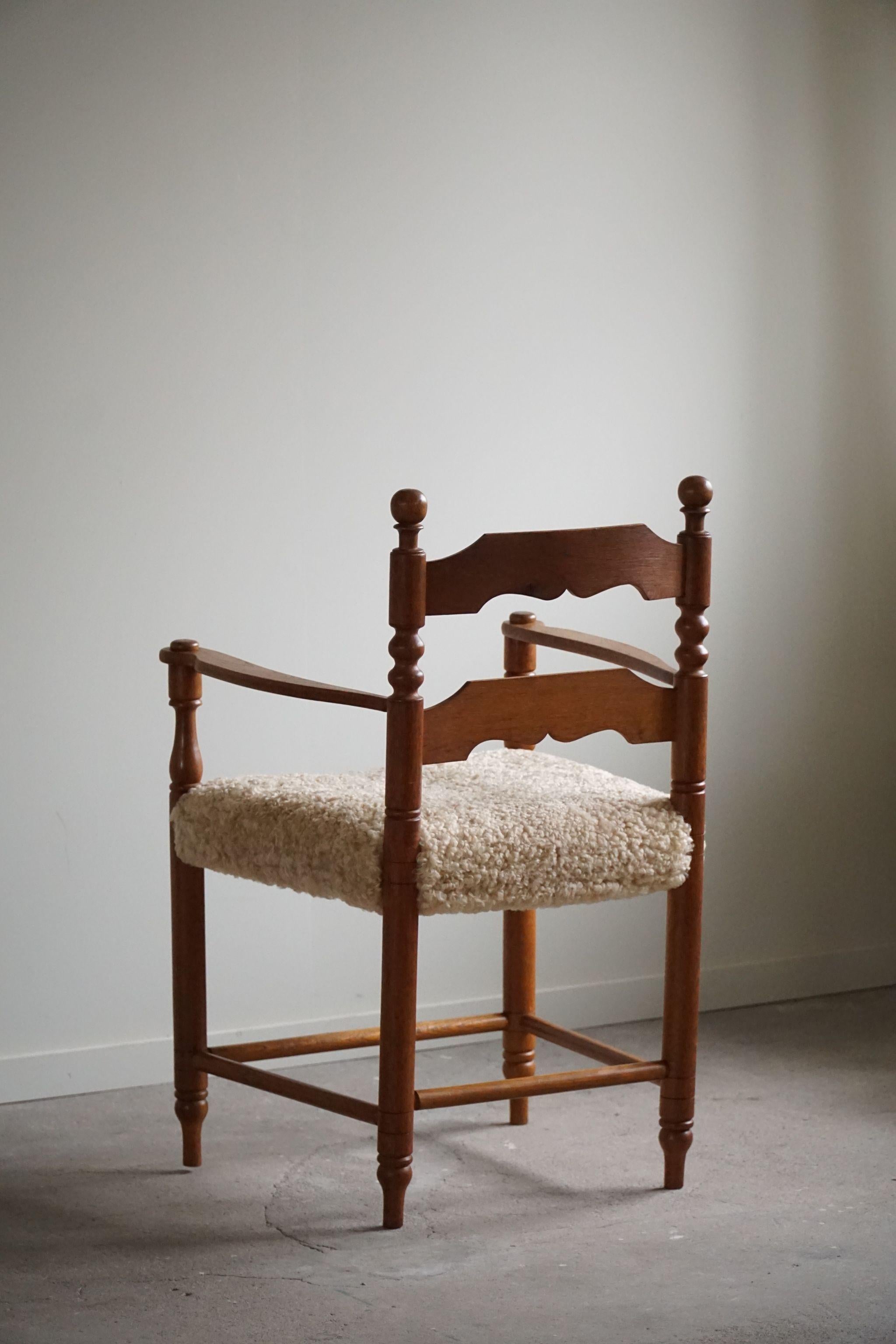 French Modern, Armchair, Oak & Lambswool, Charles Dudouyt Style, 1950s For Sale 3