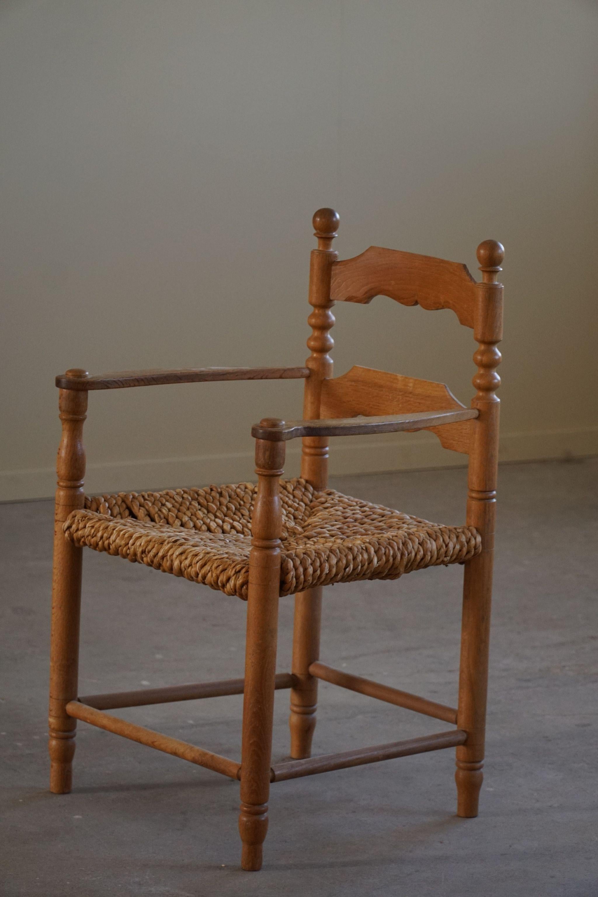 French Modern, Armchair, Oak & Woven Seagrass, Charles Dudouyt Style, 1950s For Sale 3