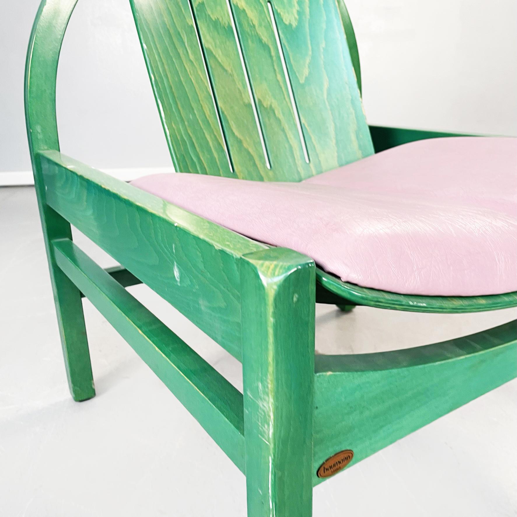 French Modern Armchairs Argos in Pink Leather and Green Wood by Baumann, 1970s For Sale 2