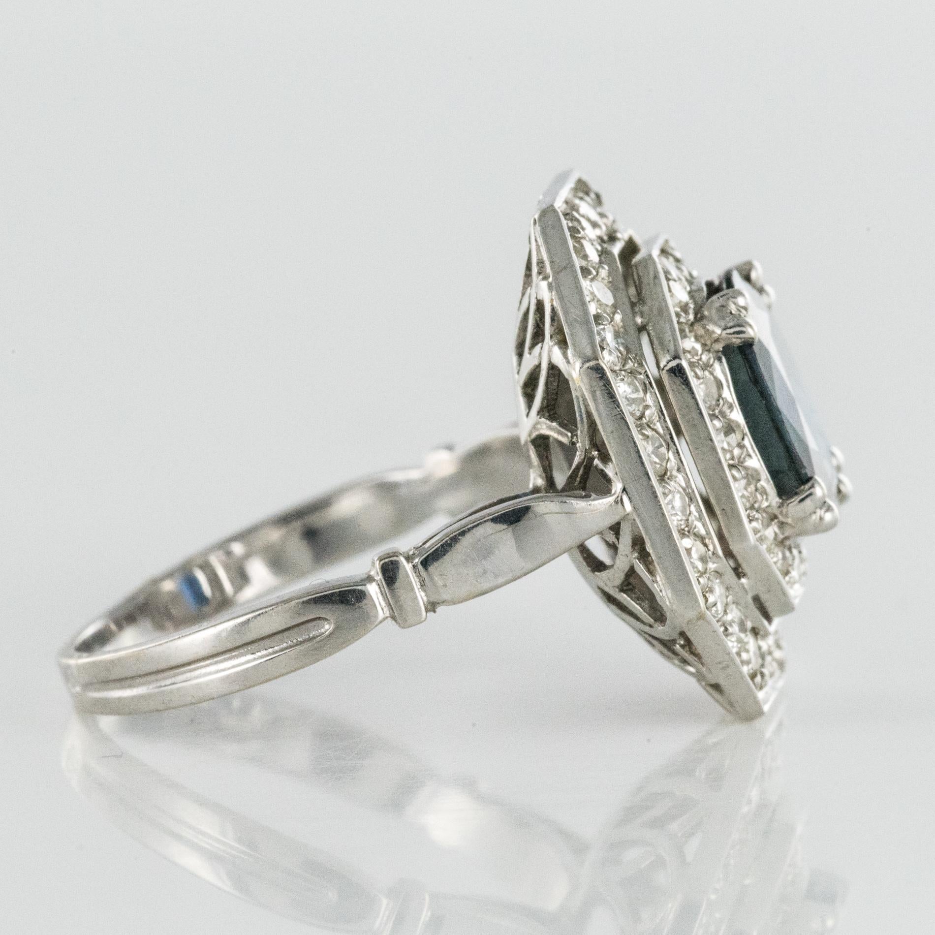 French Modern Art Deco Spirit Sapphire Diamond White Gold Hexagonal Ring 8