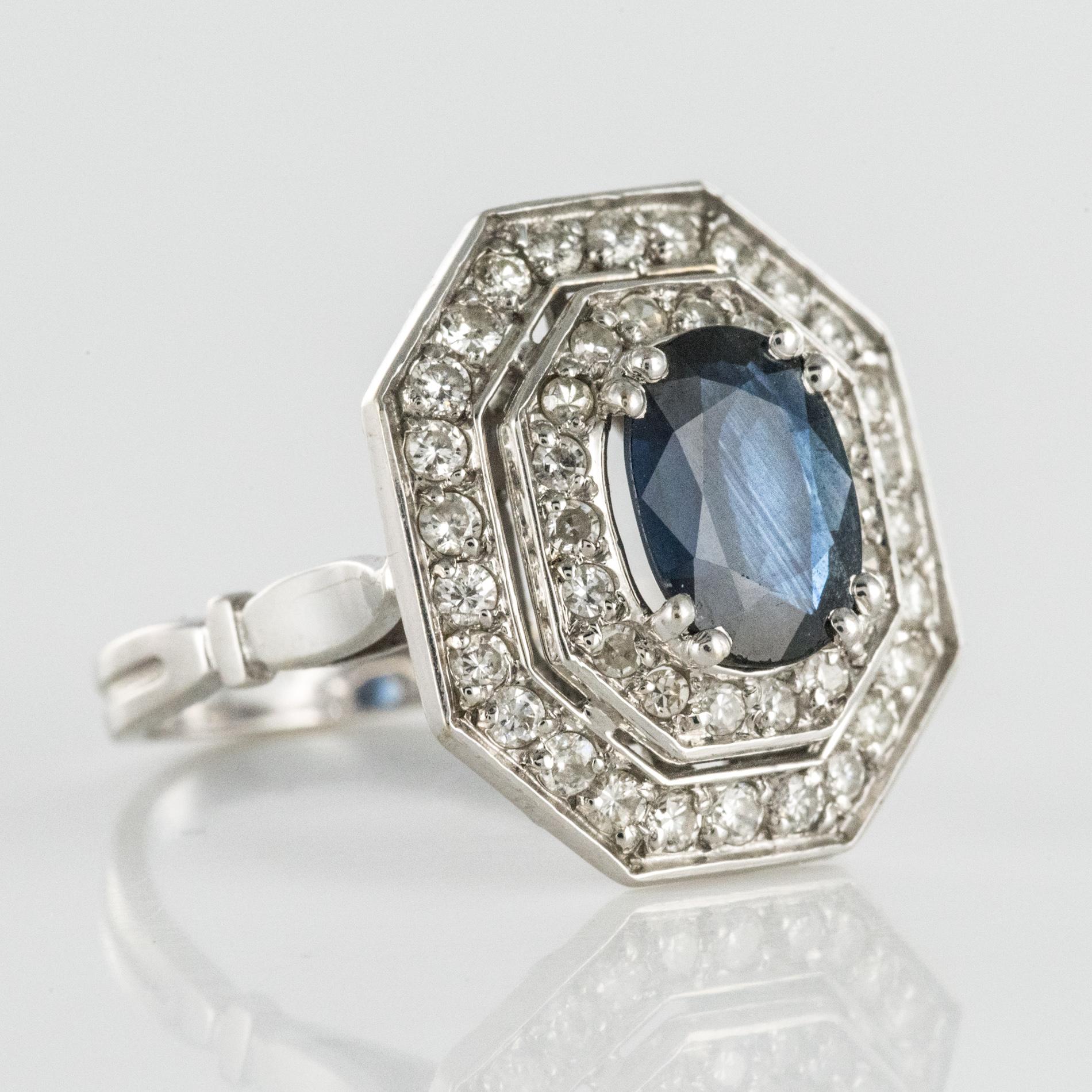 French Modern Art Deco Spirit Sapphire Diamond White Gold Hexagonal Ring 9
