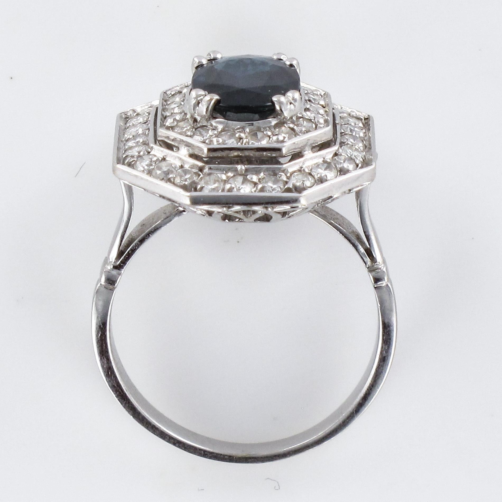French Modern Art Deco Spirit Sapphire Diamond White Gold Hexagonal Ring 11