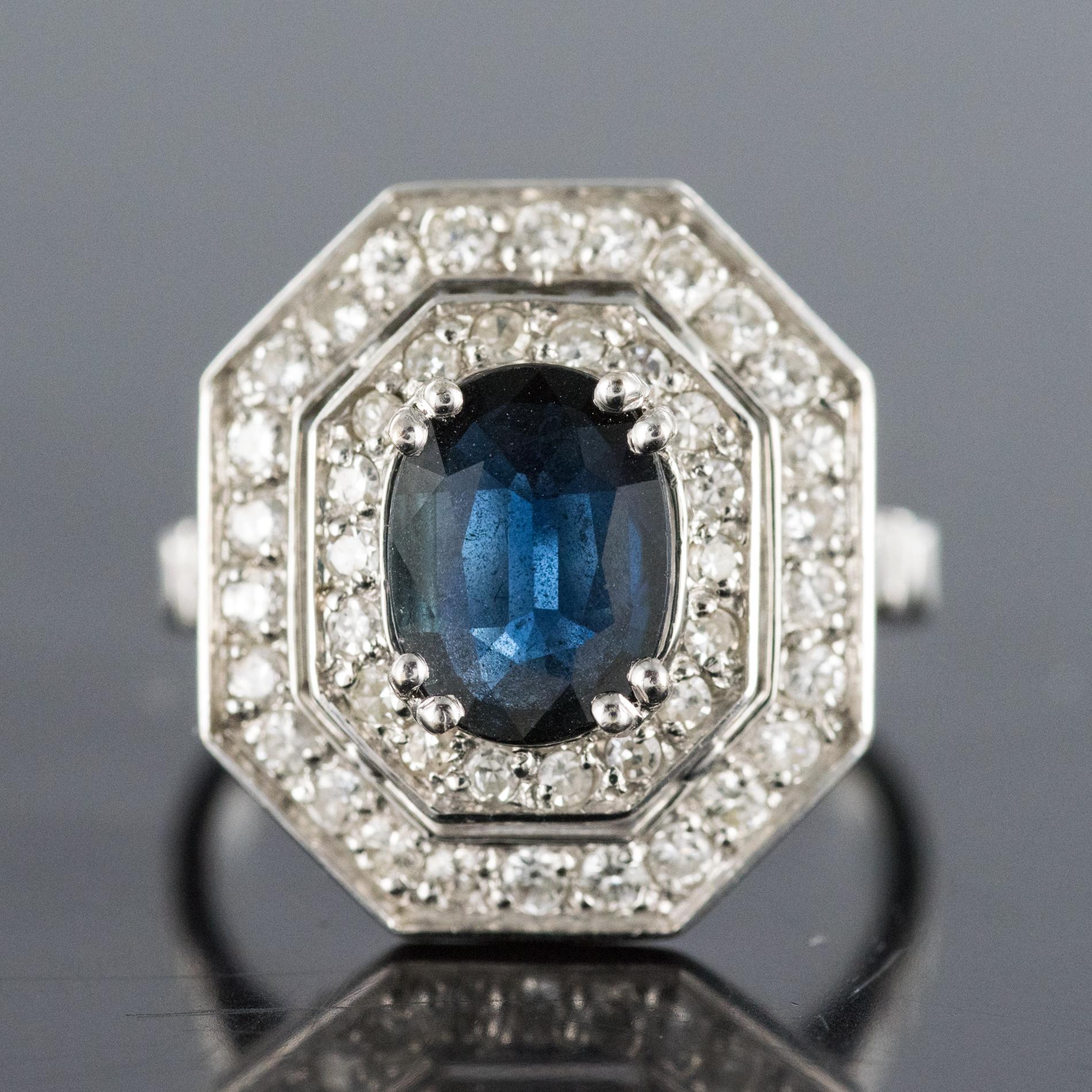 French Modern Art Deco Spirit Sapphire Diamond White Gold Hexagonal Ring In Excellent Condition In Poitiers, FR