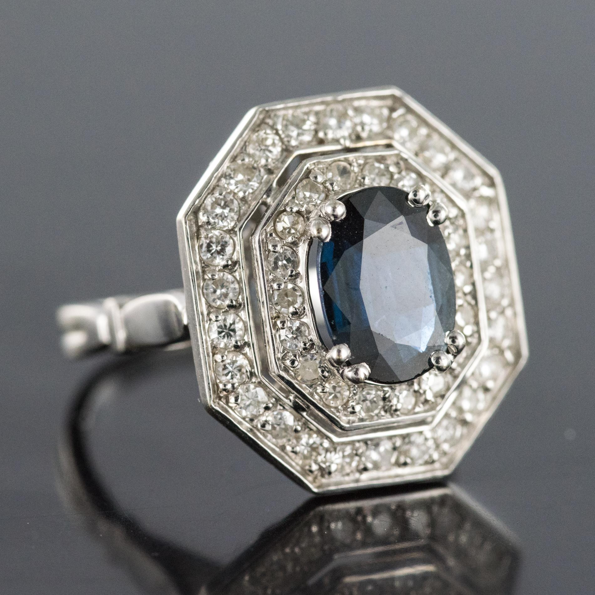 Women's French Modern Art Deco Spirit Sapphire Diamond White Gold Hexagonal Ring