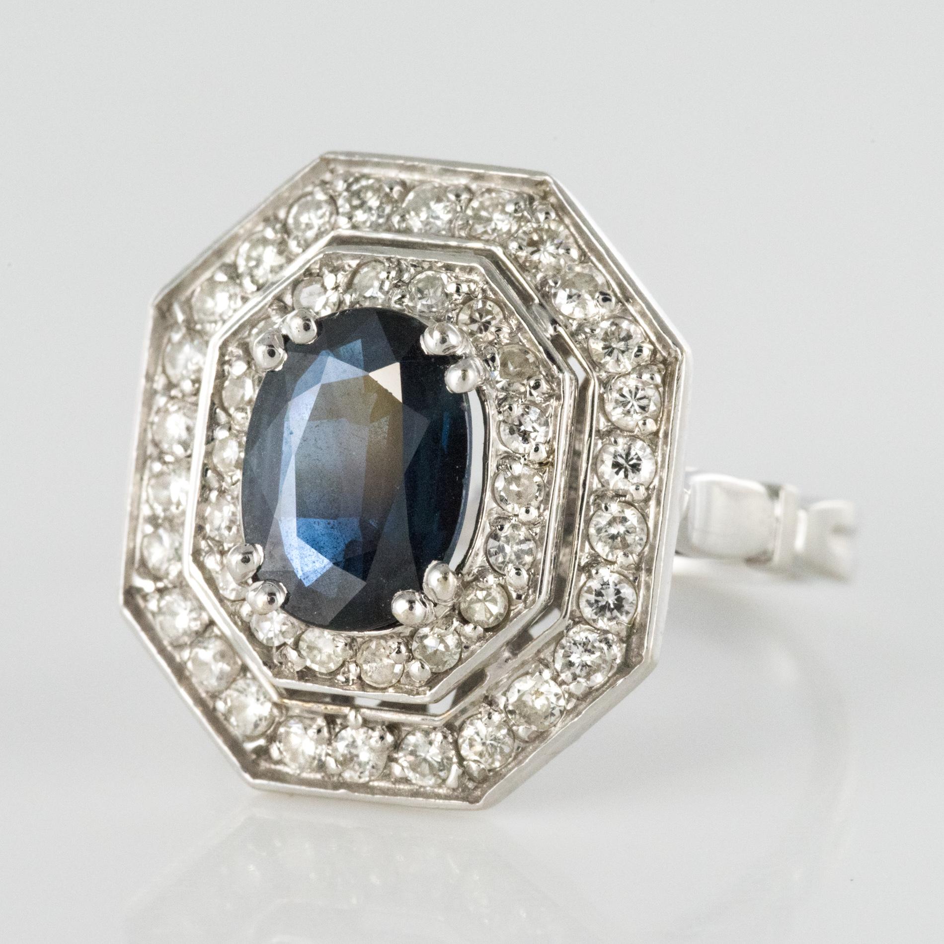 French Modern Art Deco Spirit Sapphire Diamond White Gold Hexagonal Ring 2
