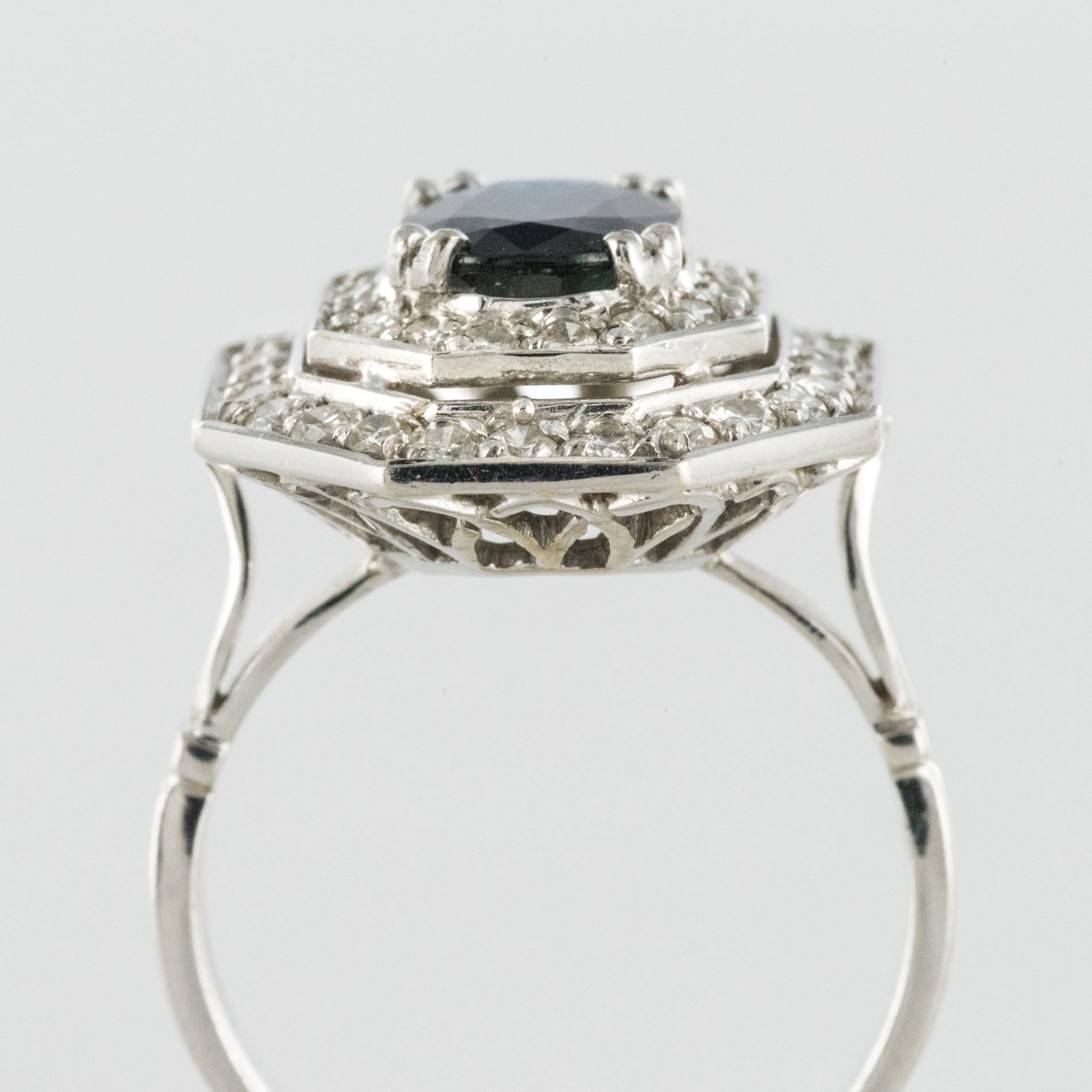 French Modern Art Deco Spirit Sapphire Diamond White Gold Hexagonal Ring 3