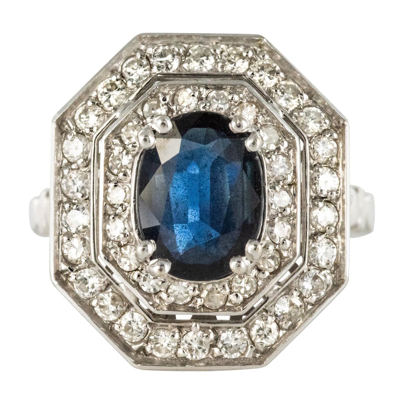 French Modern Art Deco Spirit Sapphire Diamond White Gold Hexagonal Ring