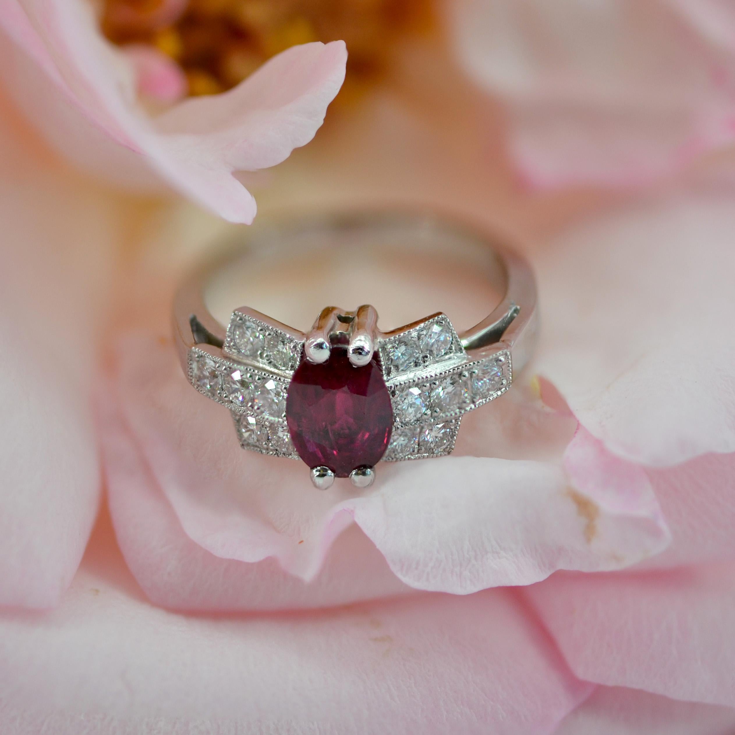 French Modern Art Deco Style Ruby Diamonds Platinum Ring For Sale 5