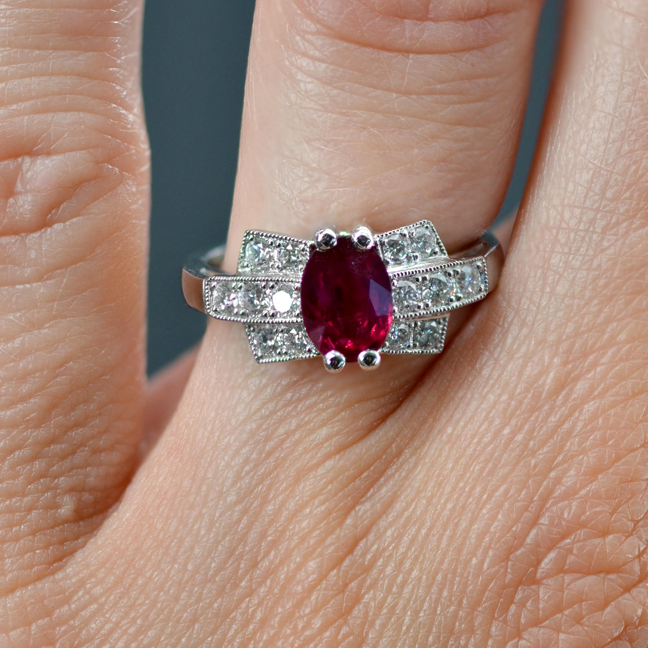 French Modern Art Deco Style Ruby Diamonds Platinum Ring For Sale 6