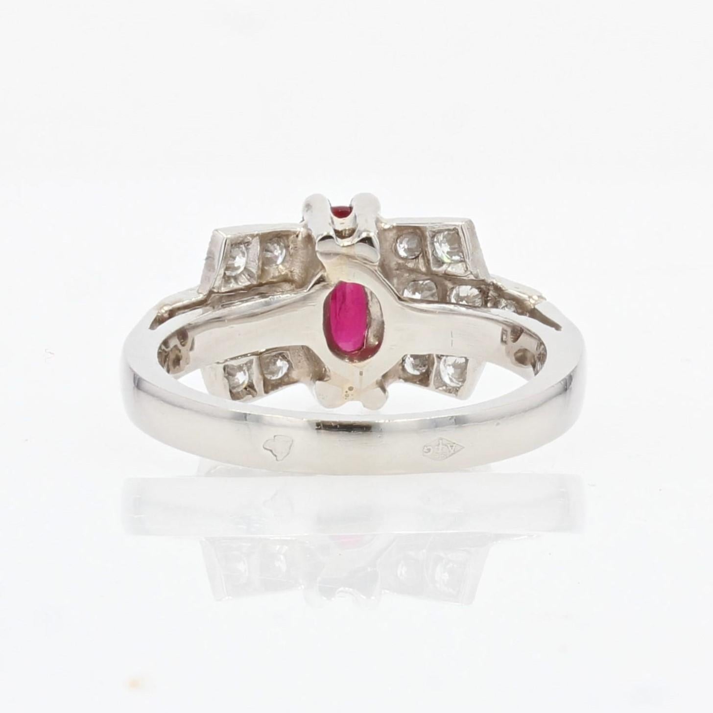 French Modern Art Deco Style Ruby Diamonds Platinum Ring For Sale 7