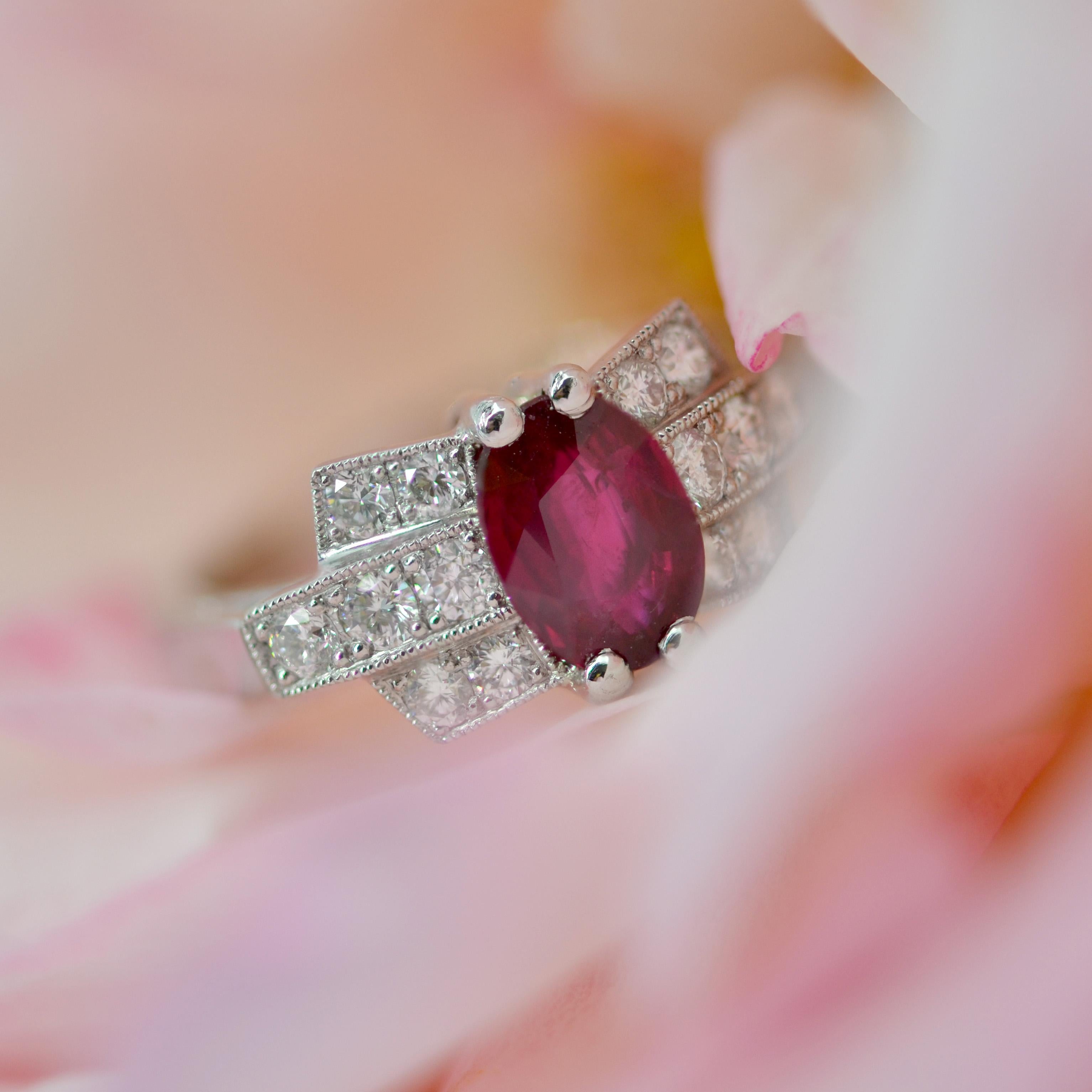French Modern Art Deco Style Ruby Diamonds Platinum Ring For Sale 8