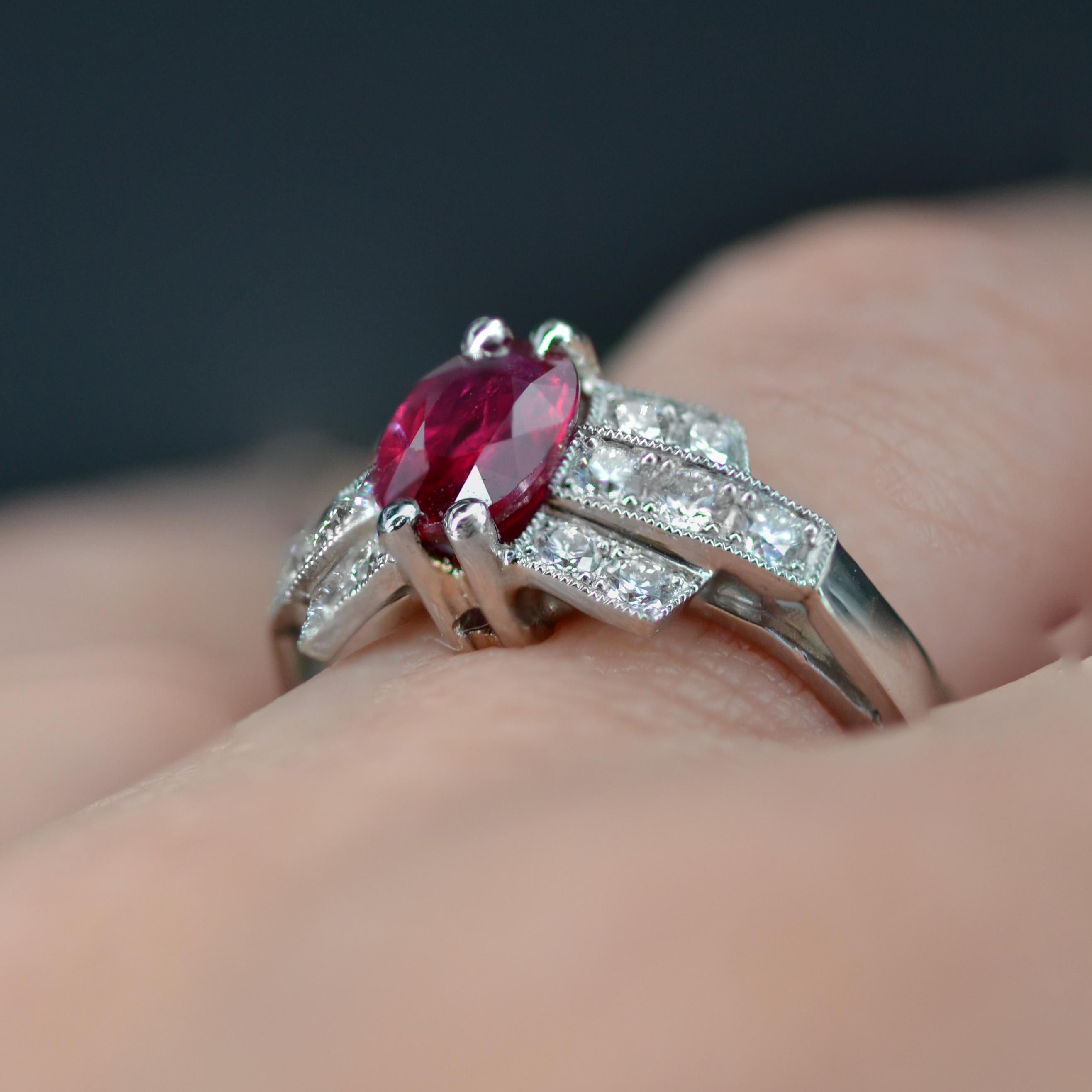 French Modern Art Deco Style Ruby Diamonds Platinum Ring For Sale 9