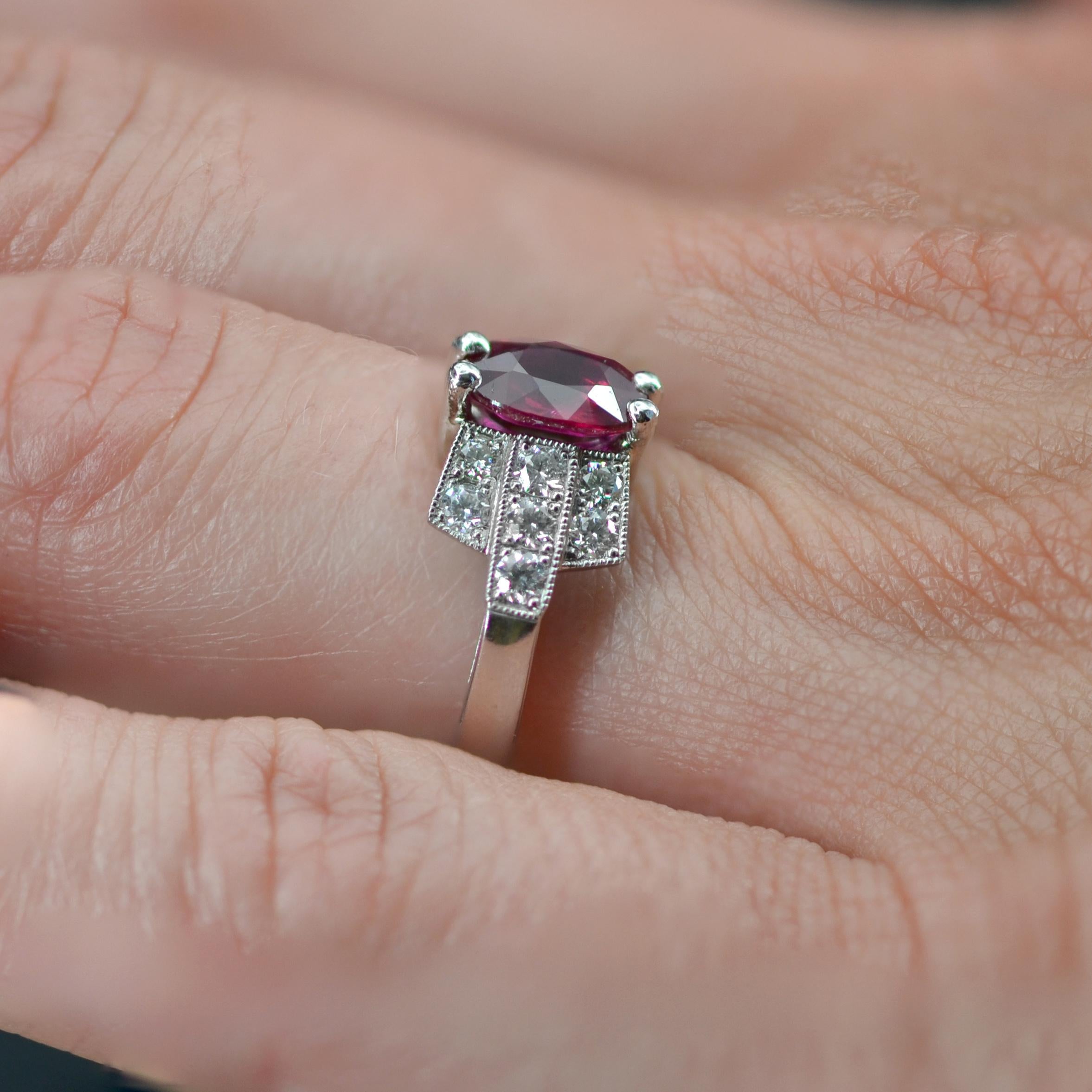 French Modern Art Deco Style Ruby Diamonds Platinum Ring For Sale 11