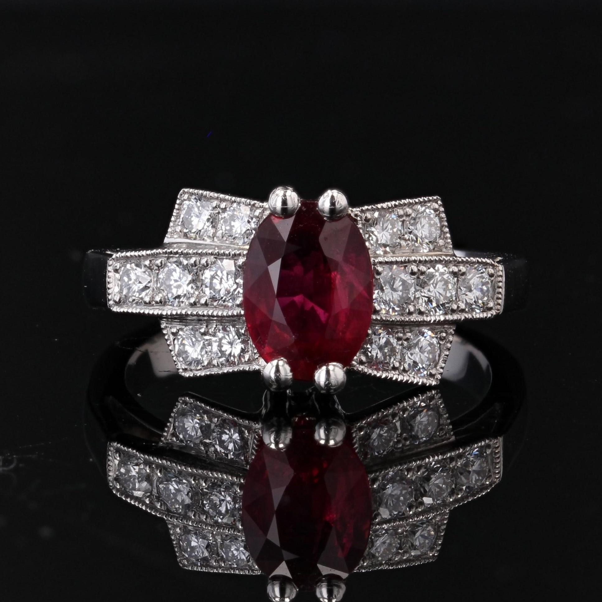 Oval Cut French Modern Art Deco Style Ruby Diamonds Platinum Ring For Sale