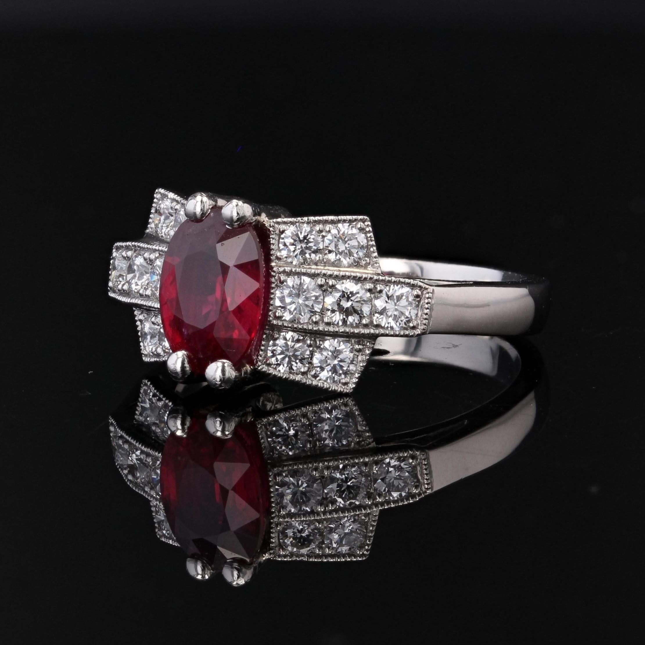 Women's French Modern Art Deco Style Ruby Diamonds Platinum Ring For Sale