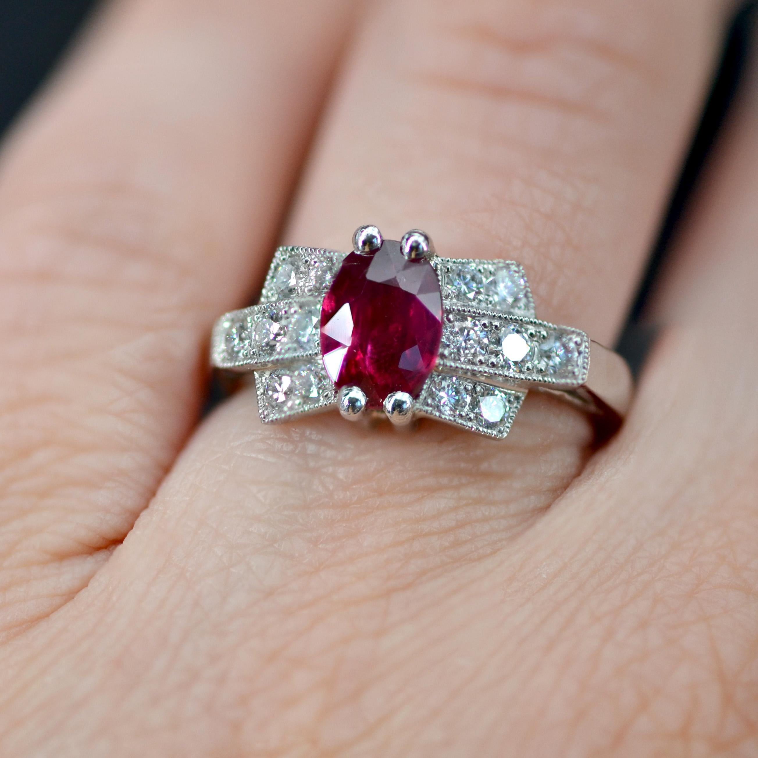 French Modern Art Deco Style Ruby Diamonds Platinum Ring For Sale 1