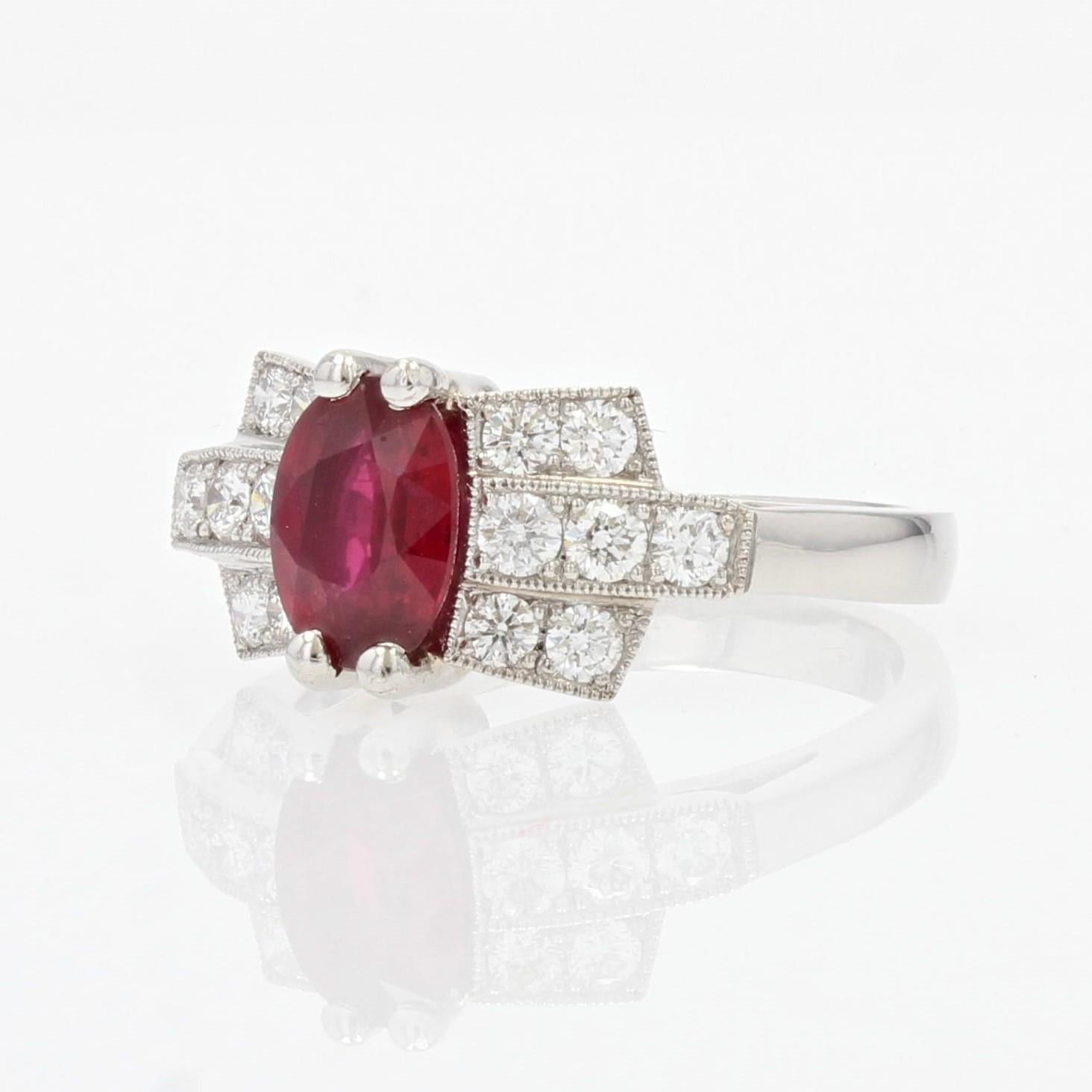 French Modern Art Deco Style Ruby Diamonds Platinum Ring For Sale 2