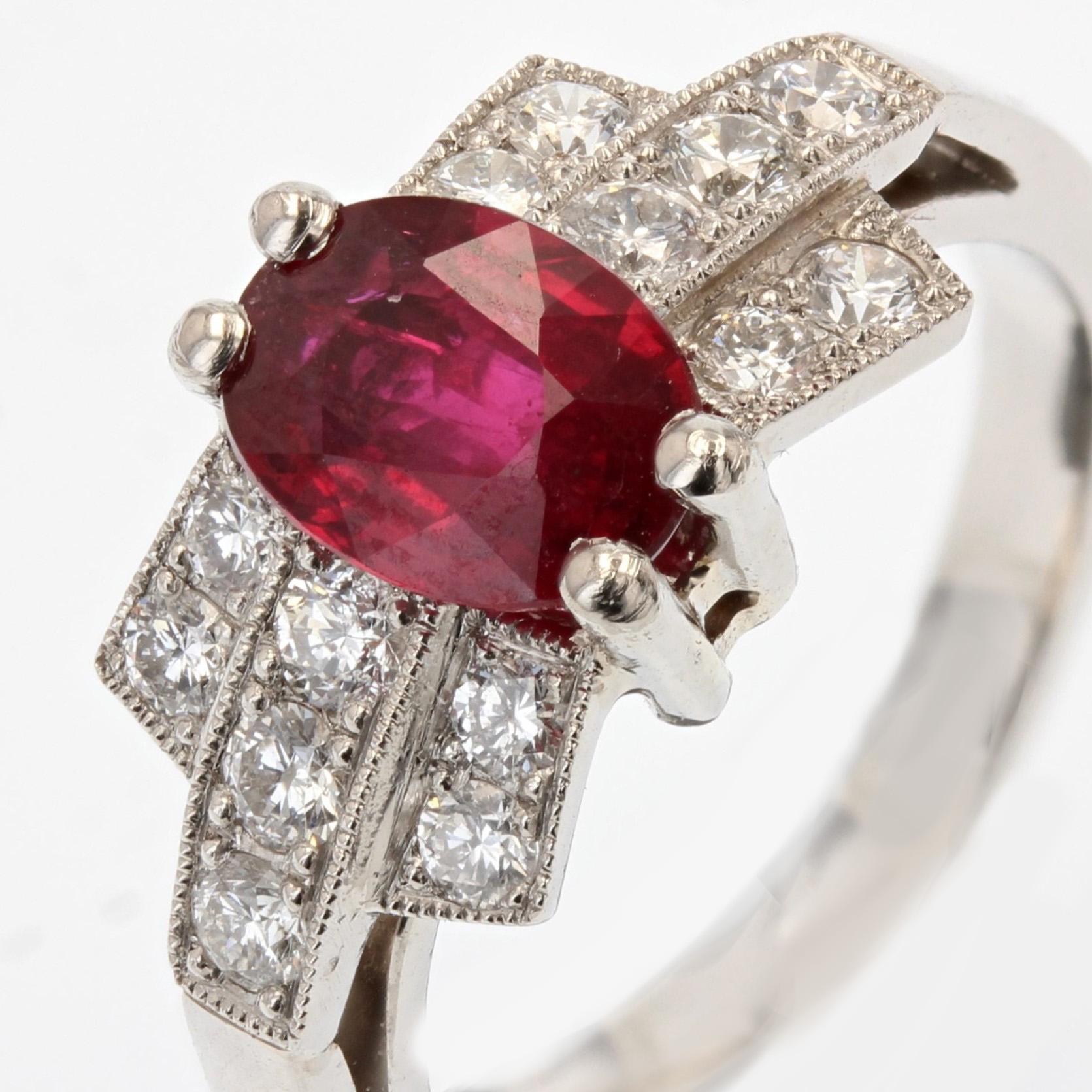 French Modern Art Deco Style Ruby Diamonds Platinum Ring For Sale 3