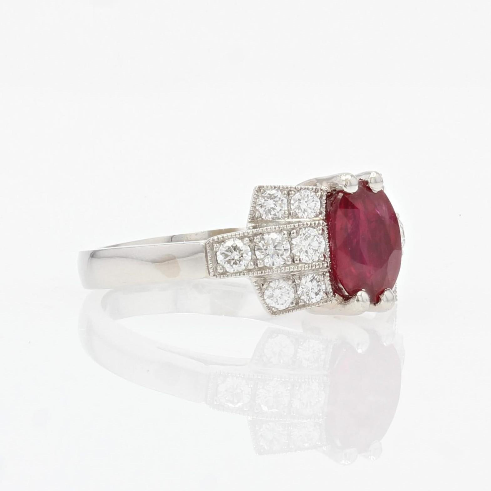 French Modern Art Deco Style Ruby Diamonds Platinum Ring For Sale 4