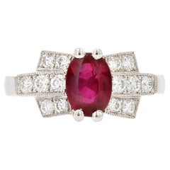 French Modern Art Deco Style Ruby Diamonds Platinum Ring