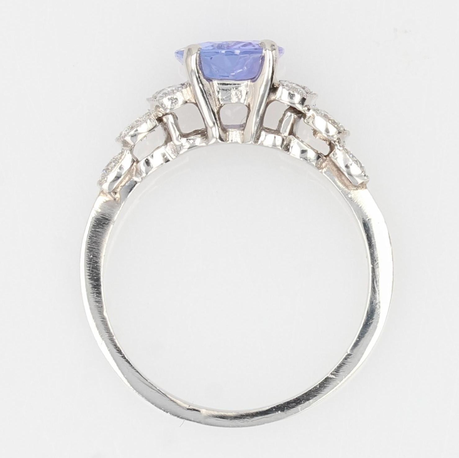 French Modern Art Deco Style Tanzanite Diamonds Platinum Ring For Sale 6