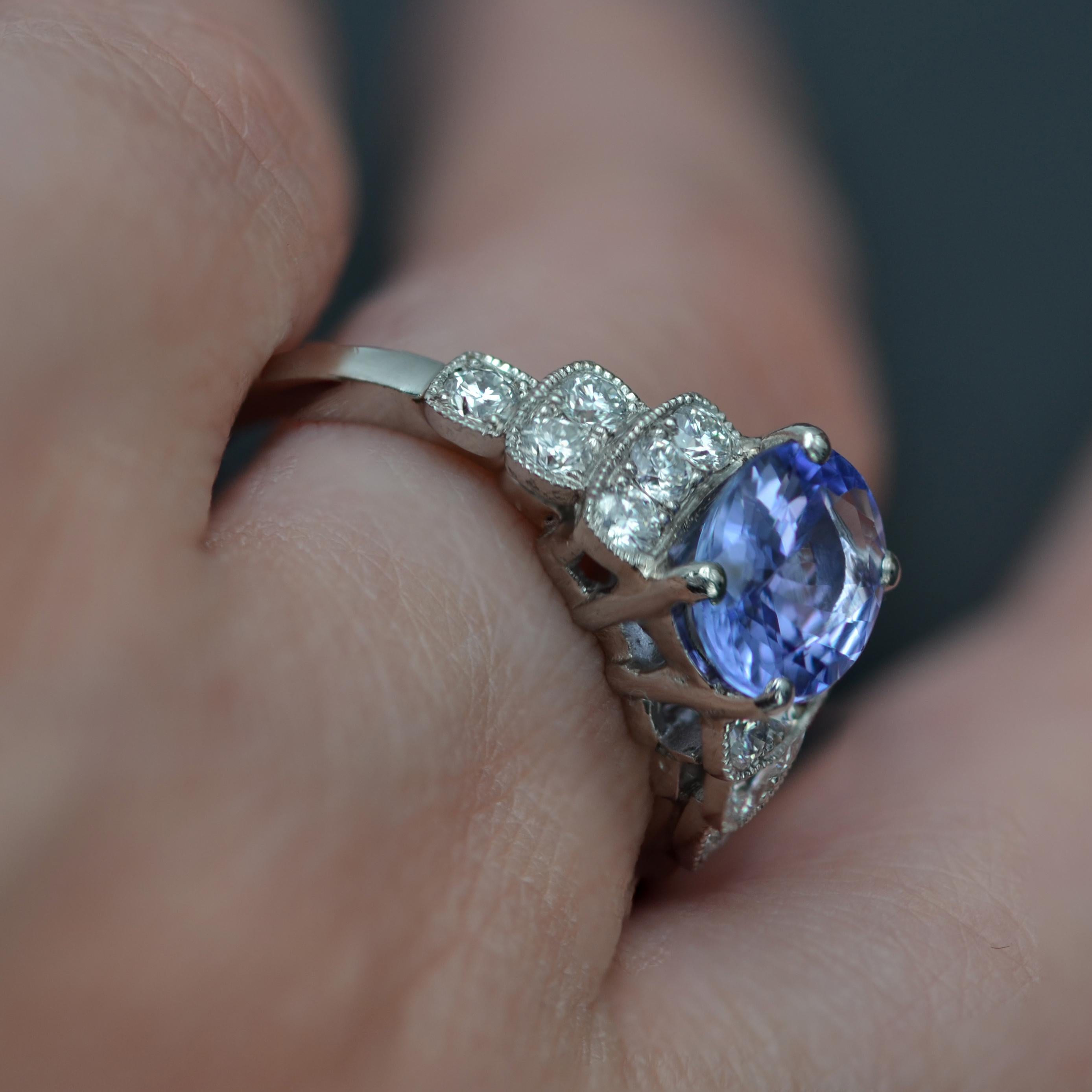 French Modern Art Deco Style Tanzanite Diamonds Platinum Ring For Sale 7