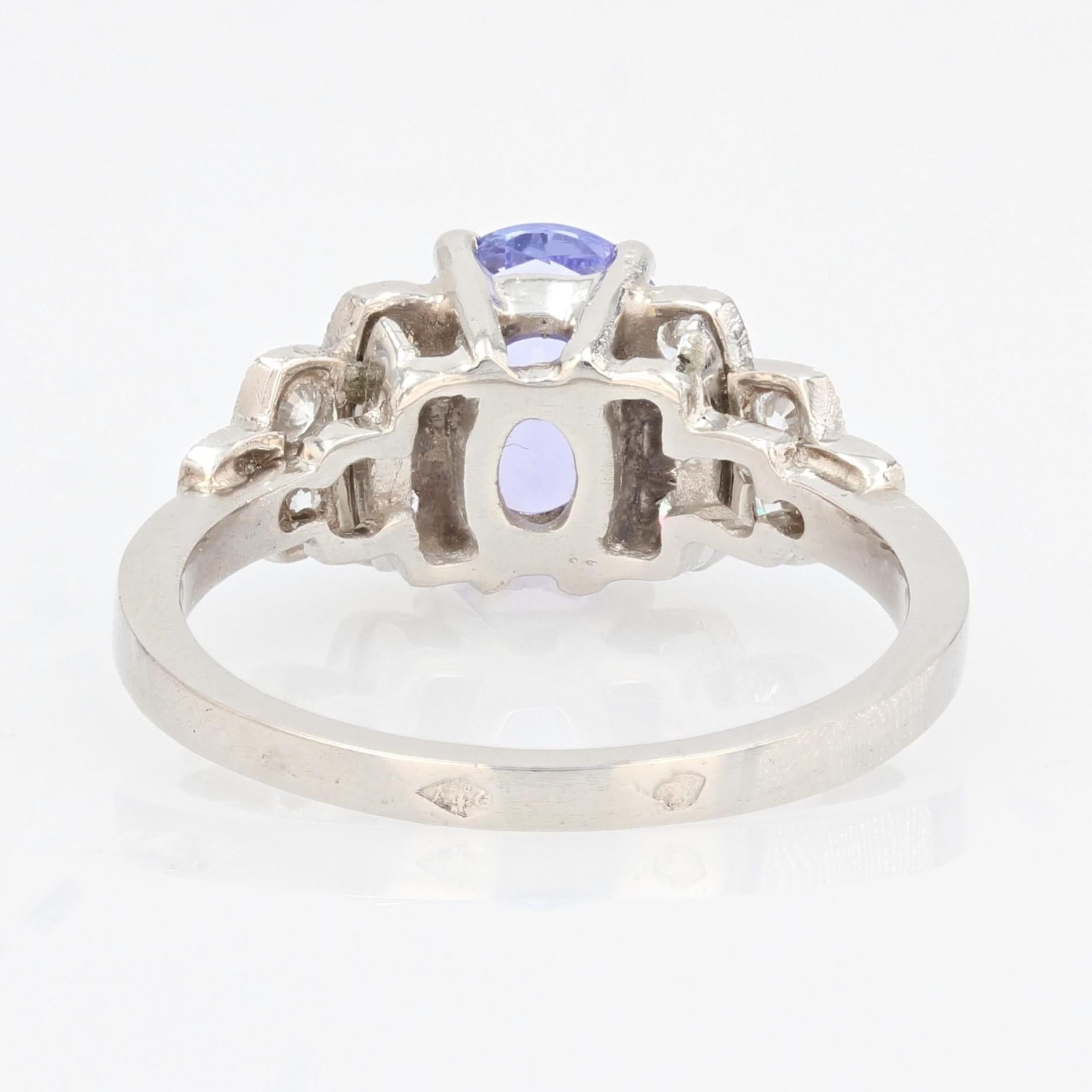 French Modern Art Deco Style Tanzanite Diamonds Platinum Ring For Sale 8