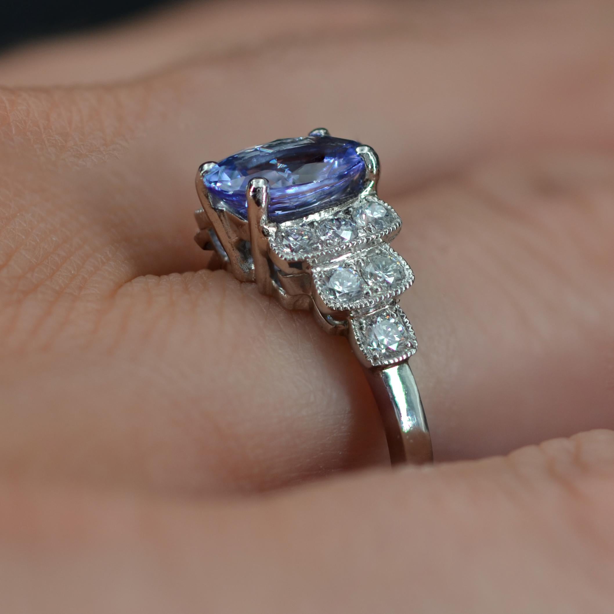 French Modern Art Deco Style Tanzanite Diamonds Platinum Ring For Sale 9
