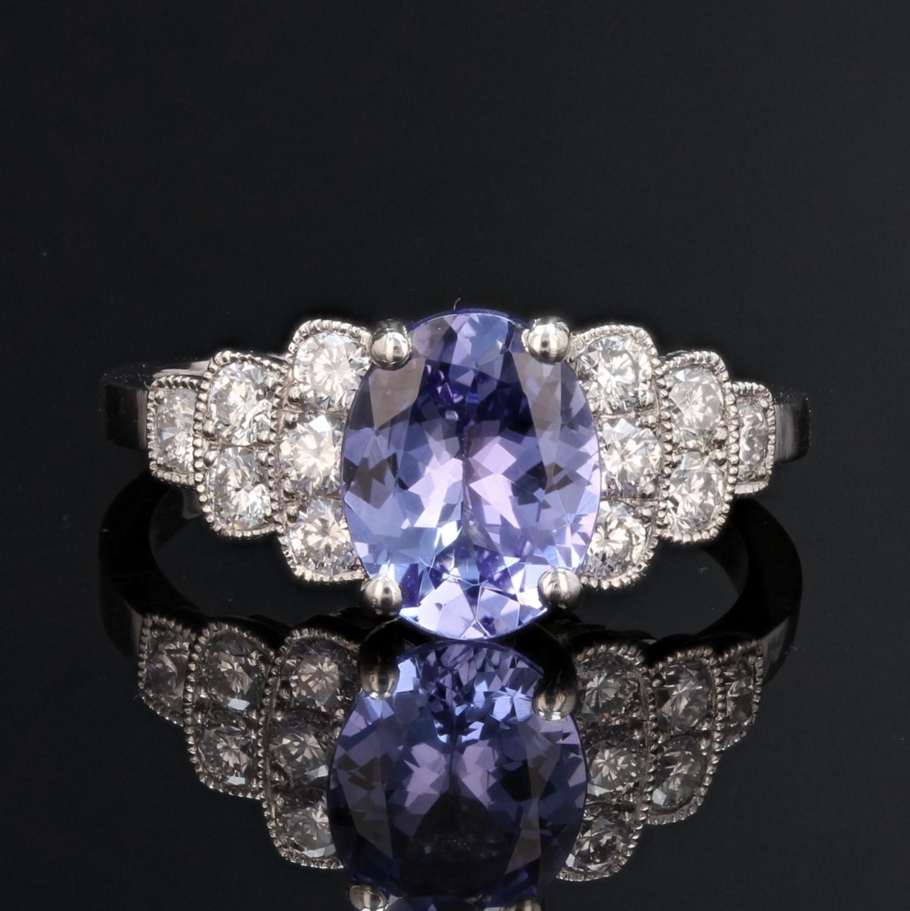 Oval Cut French Modern Art Deco Style Tanzanite Diamonds Platinum Ring For Sale