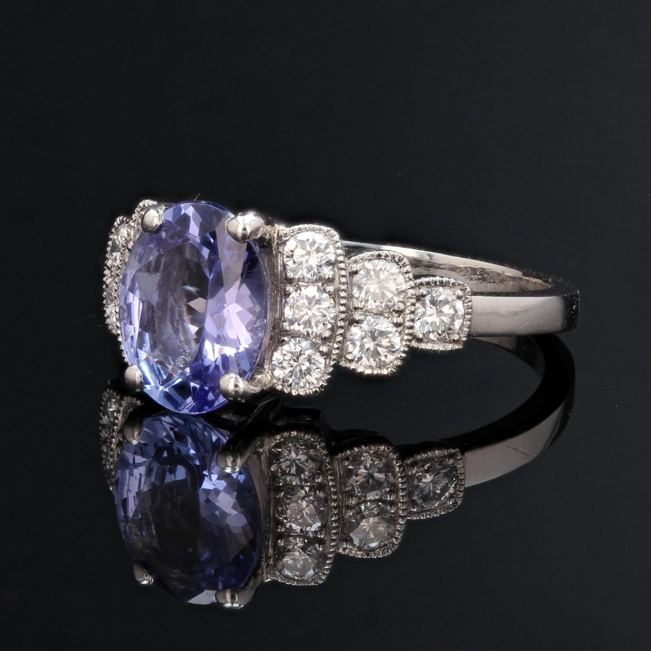 Women's French Modern Art Deco Style Tanzanite Diamonds Platinum Ring For Sale