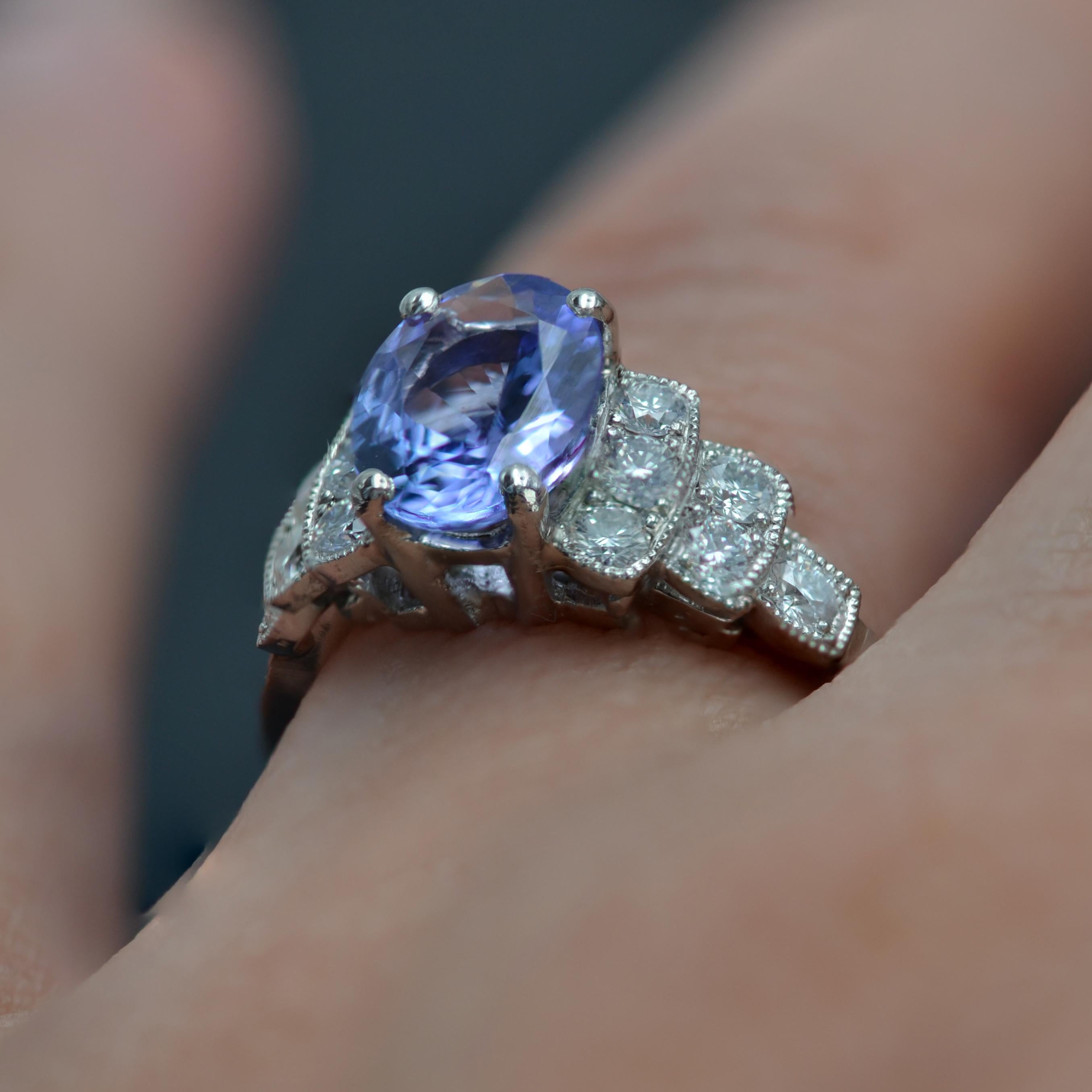 French Modern Art Deco Style Tanzanite Diamonds Platinum Ring For Sale 1