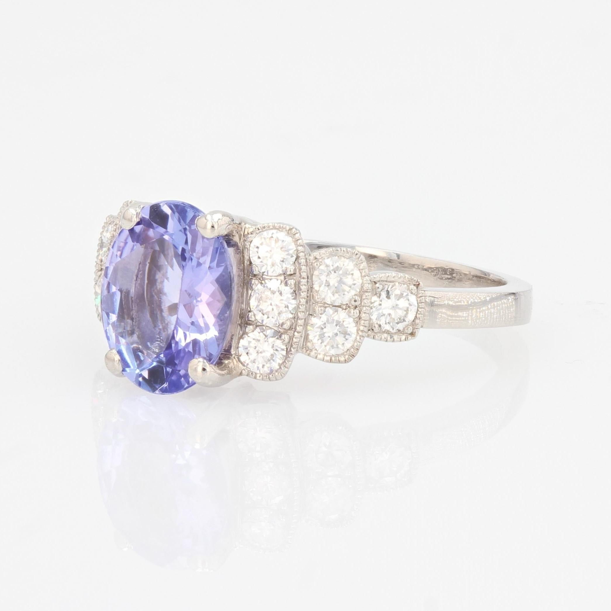 French Modern Art Deco Style Tanzanite Diamonds Platinum Ring For Sale 2