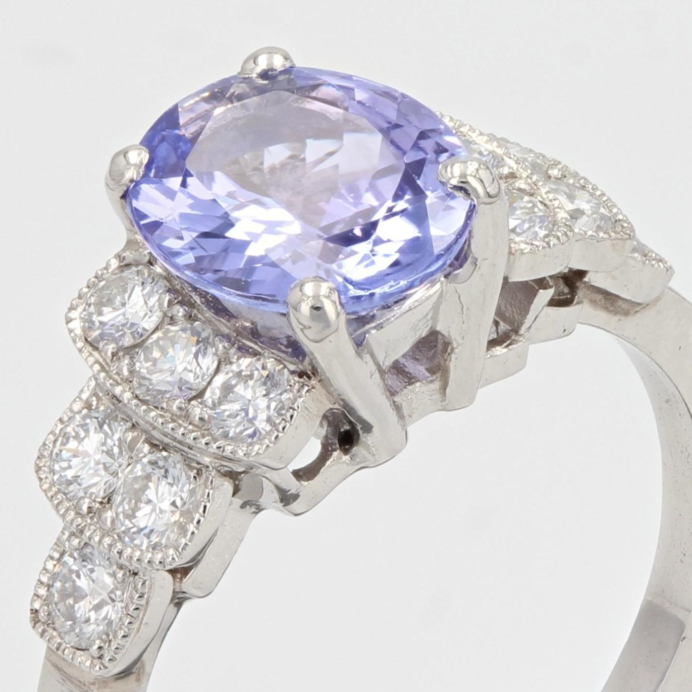 French Modern Art Deco Style Tanzanite Diamonds Platinum Ring For Sale 3