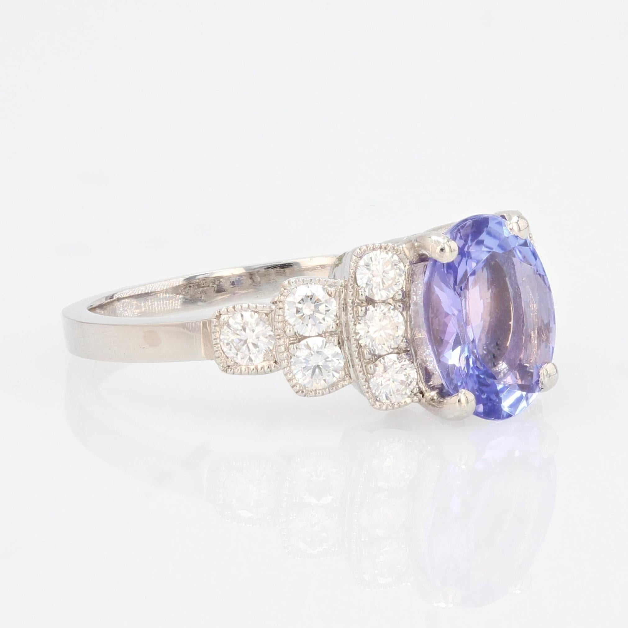 French Modern Art Deco Style Tanzanite Diamonds Platinum Ring For Sale 4