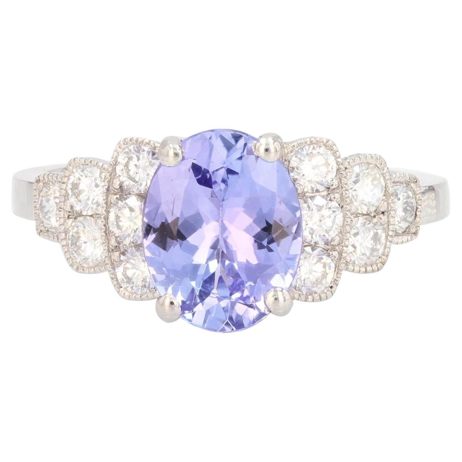 French Modern Art Deco Style Tanzanite Diamonds Platinum Ring For Sale