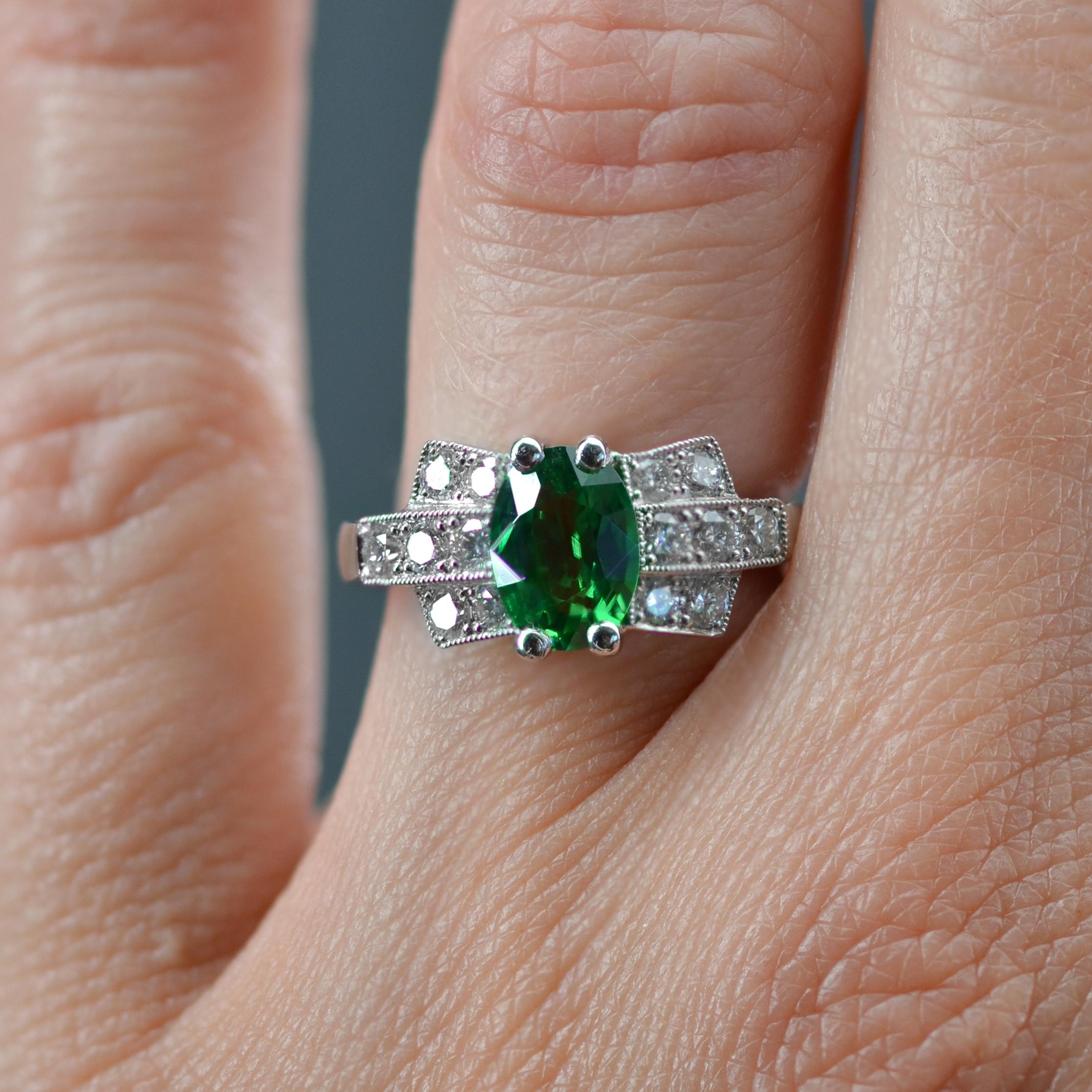 French Modern Art Deco Style Tsavorite Garnet Diamonds Platinum Ring For Sale 5