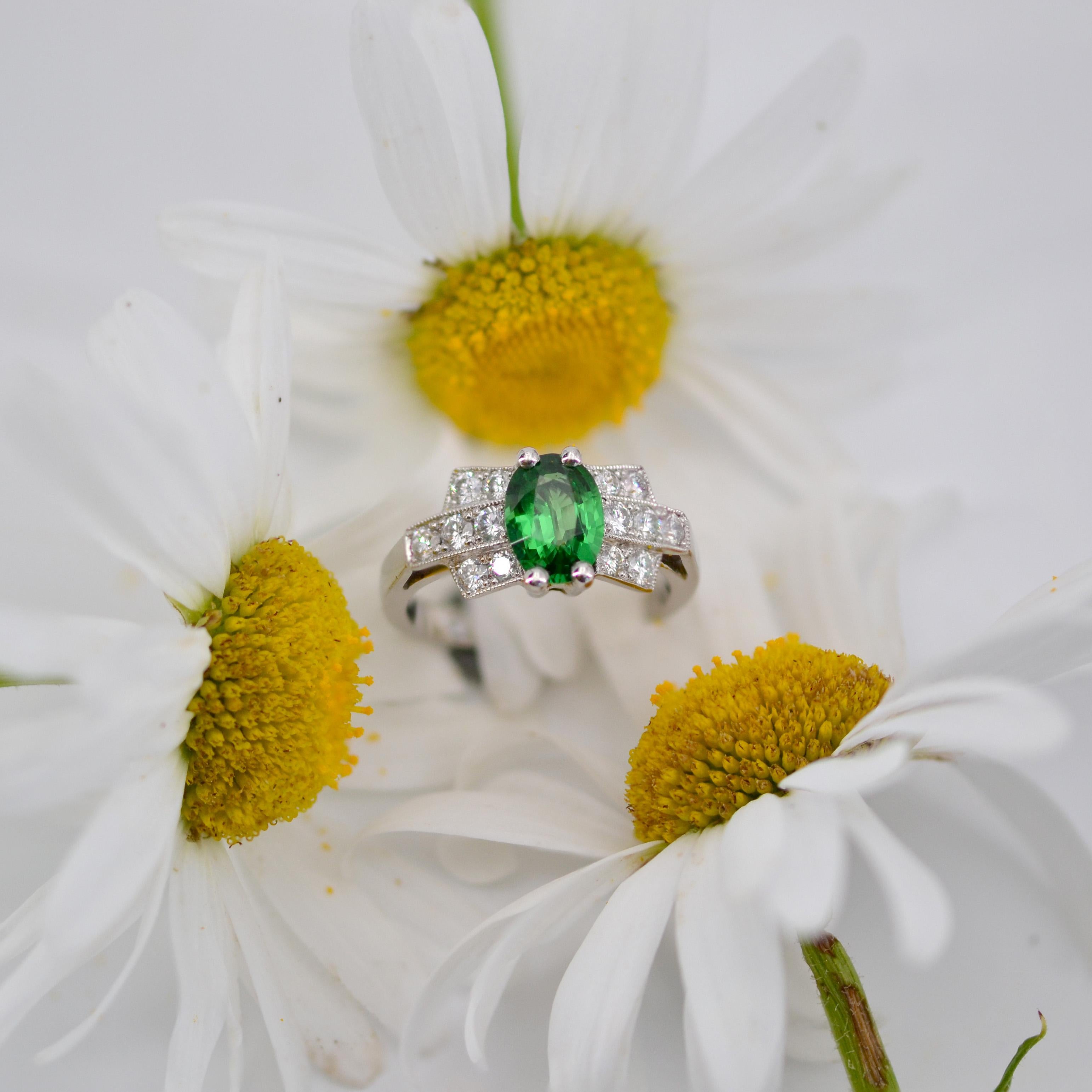 French Modern Art Deco Style Tsavorite Garnet Diamonds Platinum Ring For Sale 6