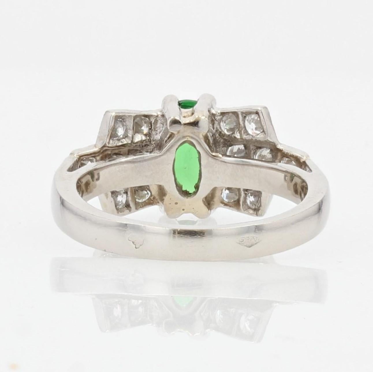 French Modern Art Deco Style Tsavorite Garnet Diamonds Platinum Ring For Sale 7