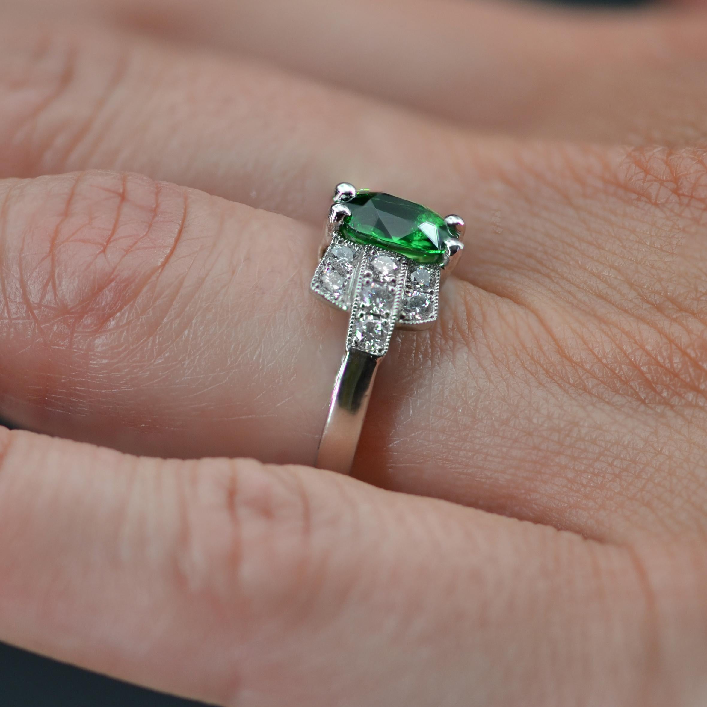 French Modern Art Deco Style Tsavorite Garnet Diamonds Platinum Ring For Sale 8