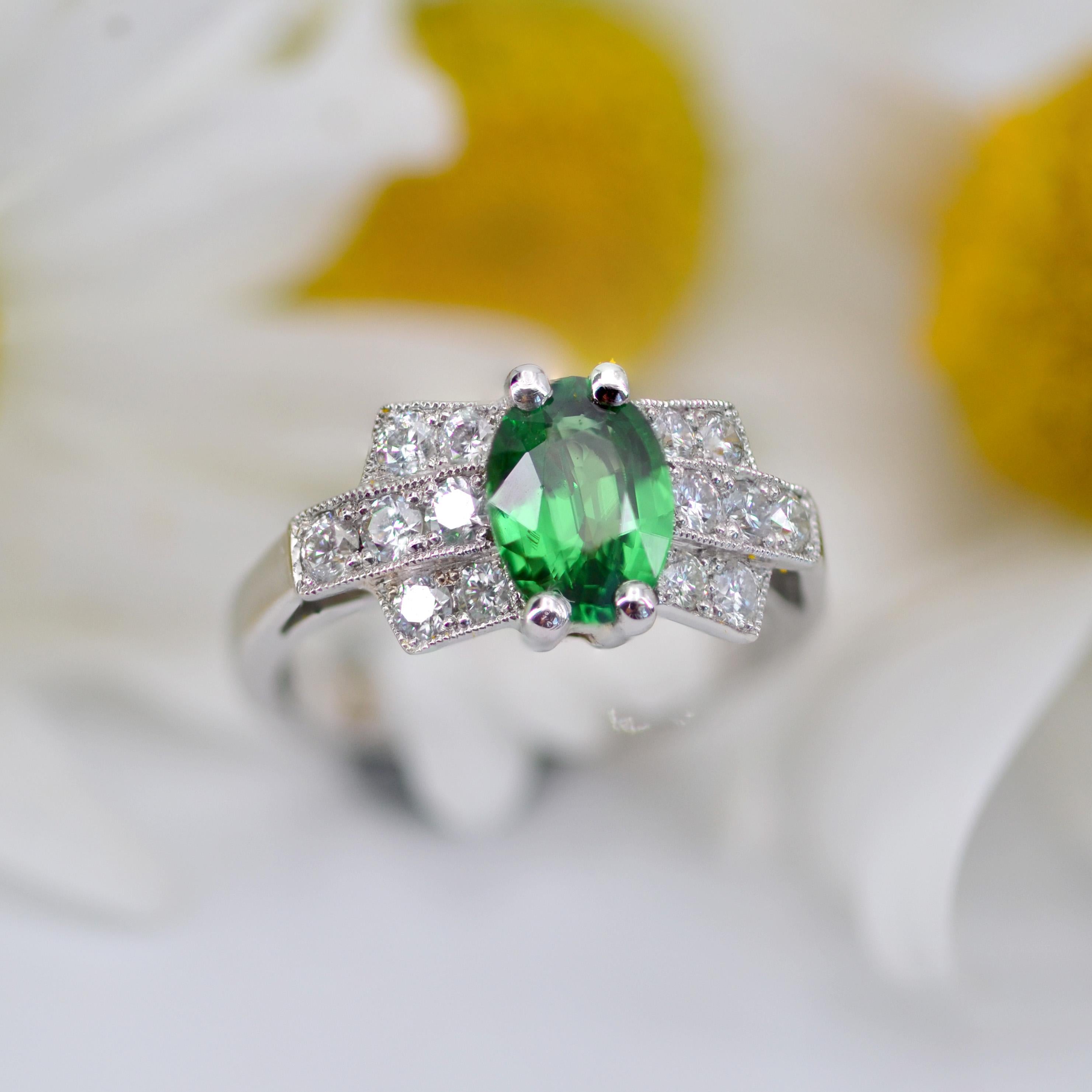 French Modern Art Deco Style Tsavorite Garnet Diamonds Platinum Ring For Sale 9