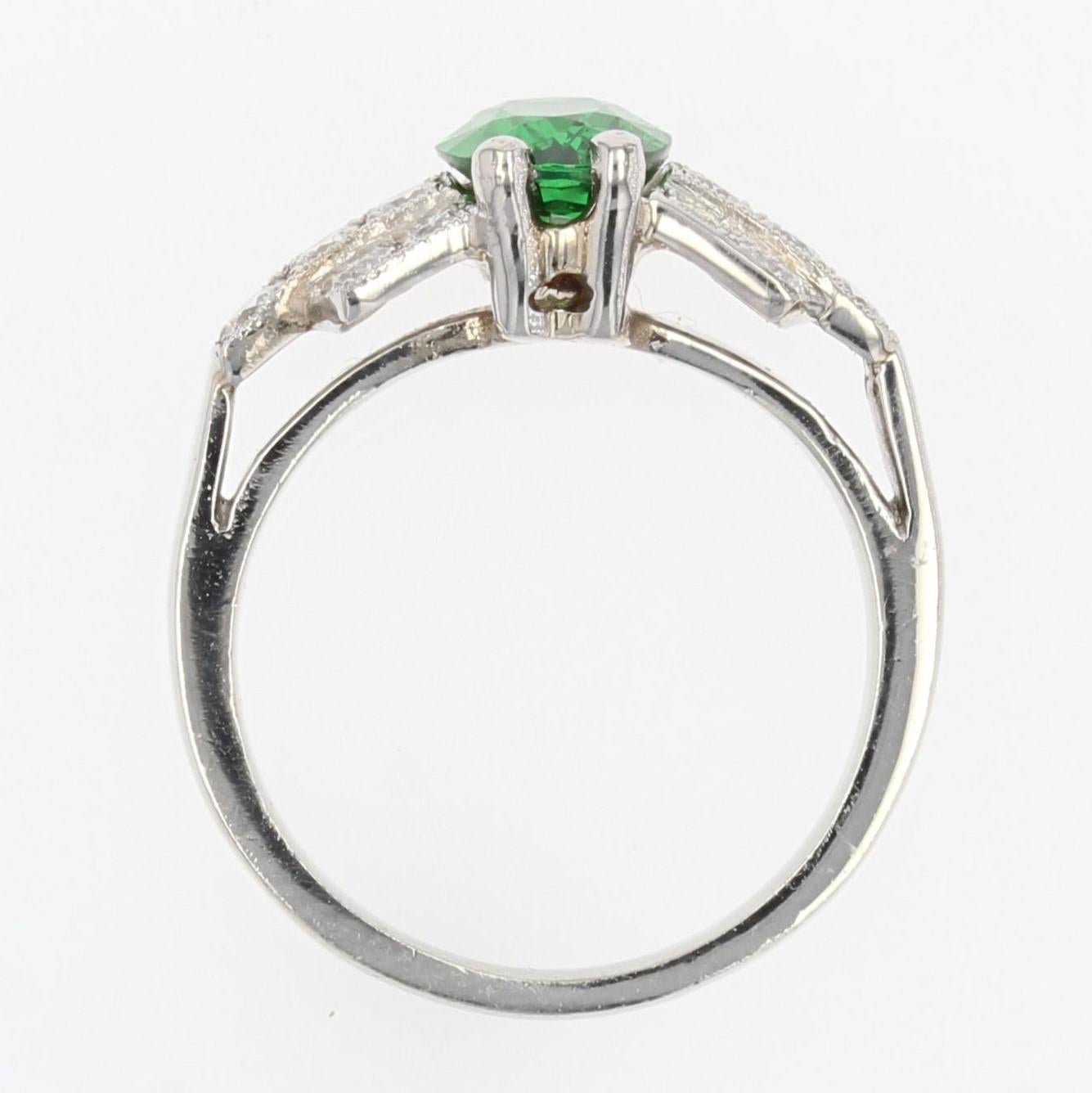 French Modern Art Deco Style Tsavorite Garnet Diamonds Platinum Ring For Sale 10