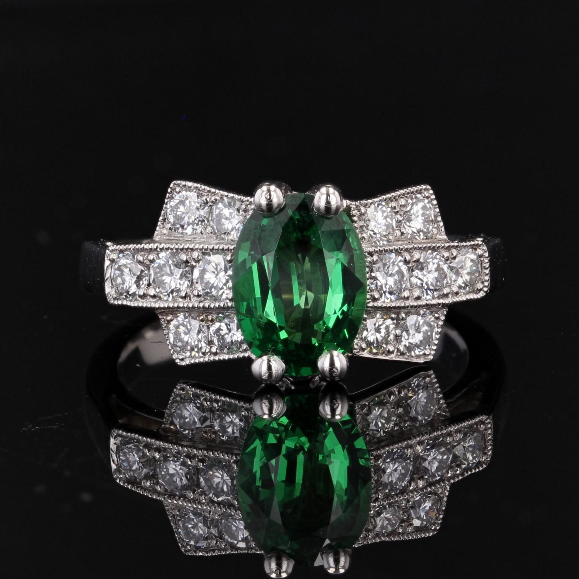 Brilliant Cut French Modern Art Deco Style Tsavorite Garnet Diamonds Platinum Ring For Sale