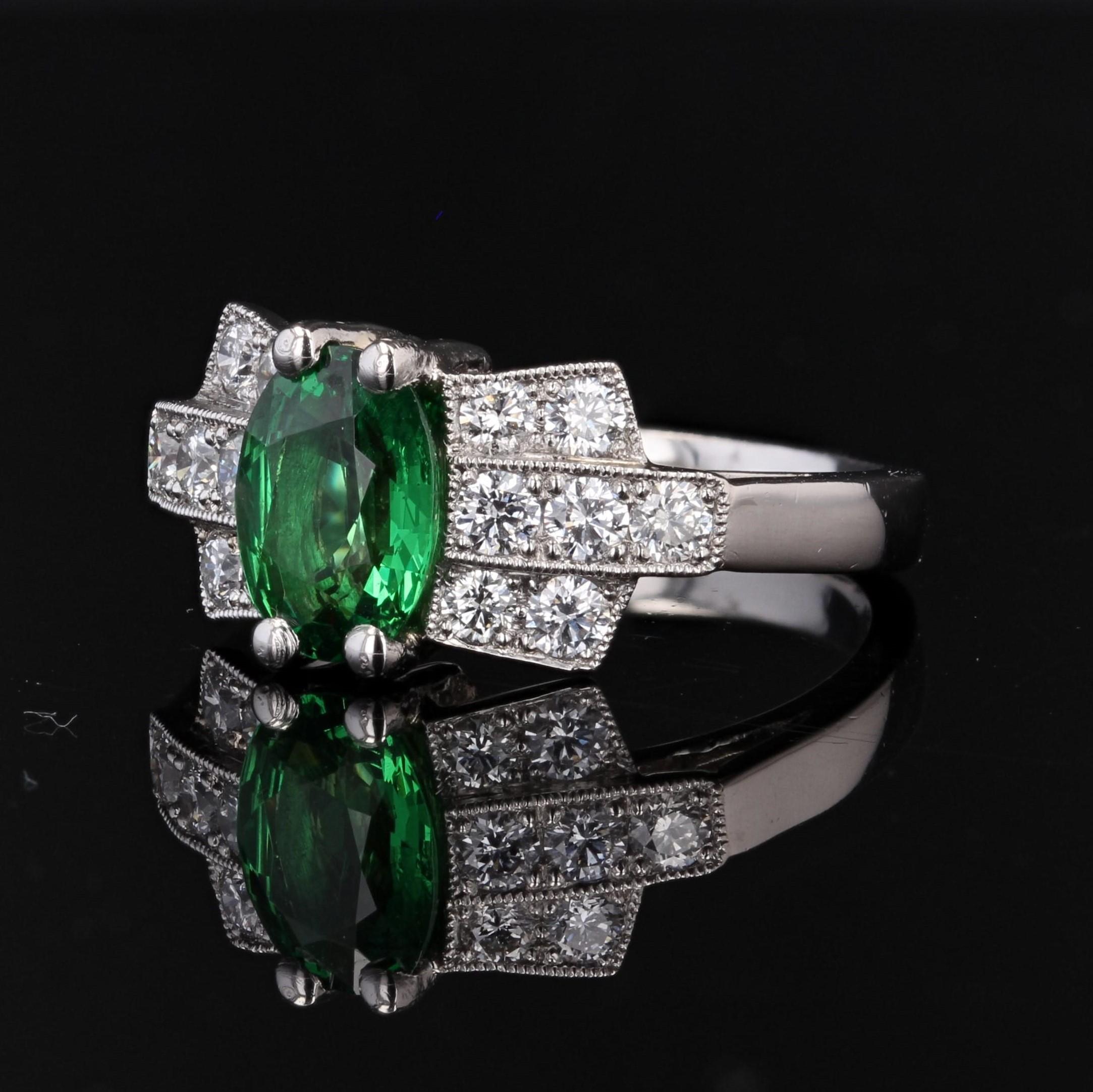 Women's French Modern Art Deco Style Tsavorite Garnet Diamonds Platinum Ring For Sale