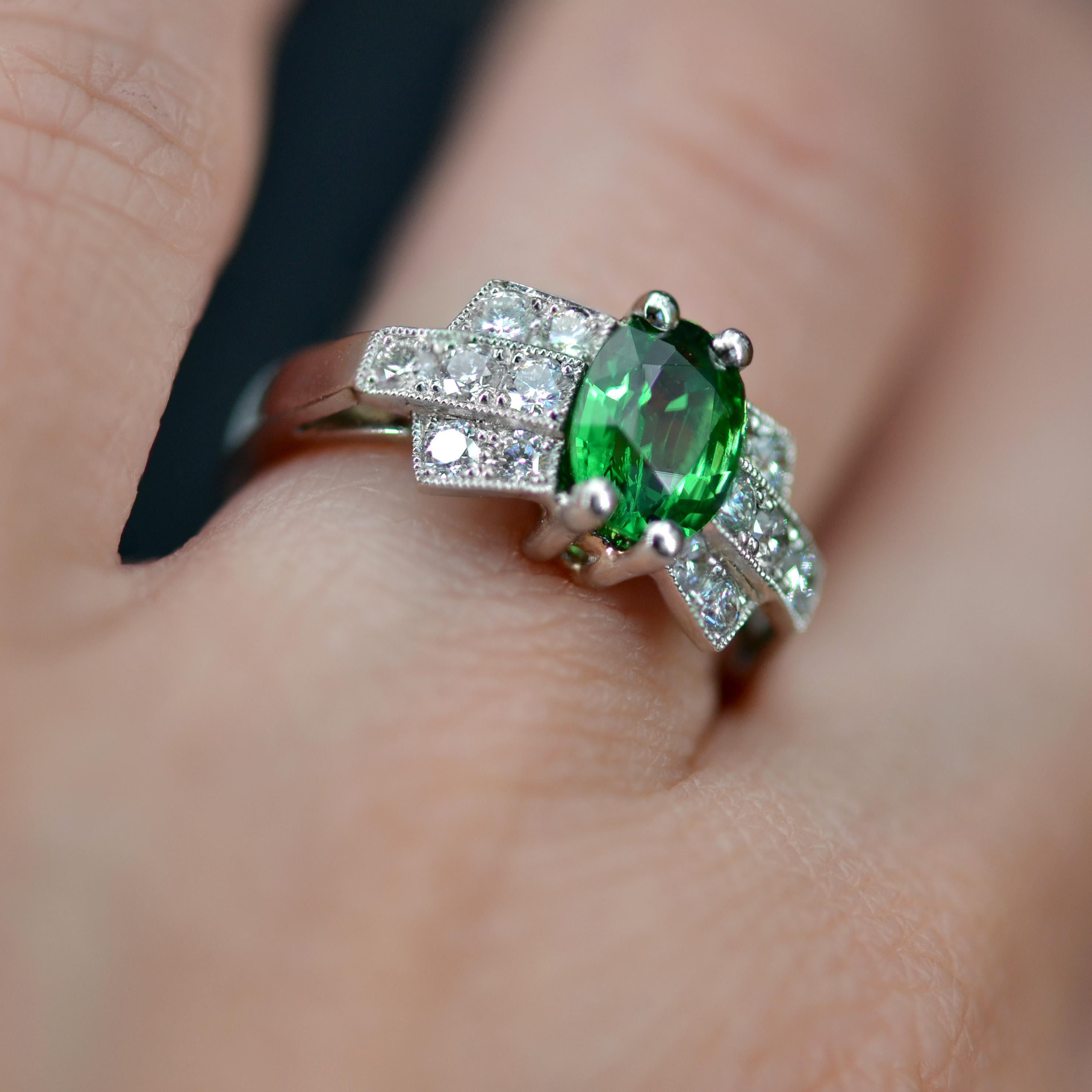 French Modern Art Deco Style Tsavorite Garnet Diamonds Platinum Ring For Sale 1